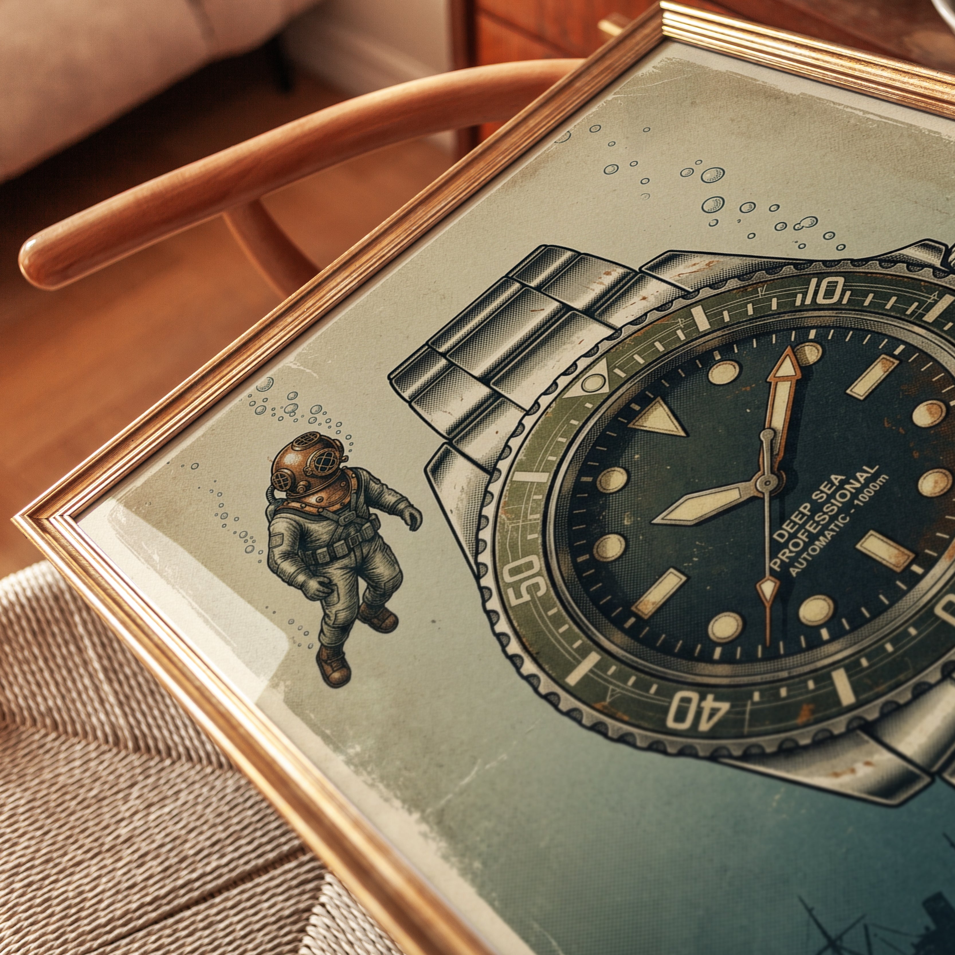 Vintage Dive Watch Poster: Deep Sea Diver Retro Illustration - detail