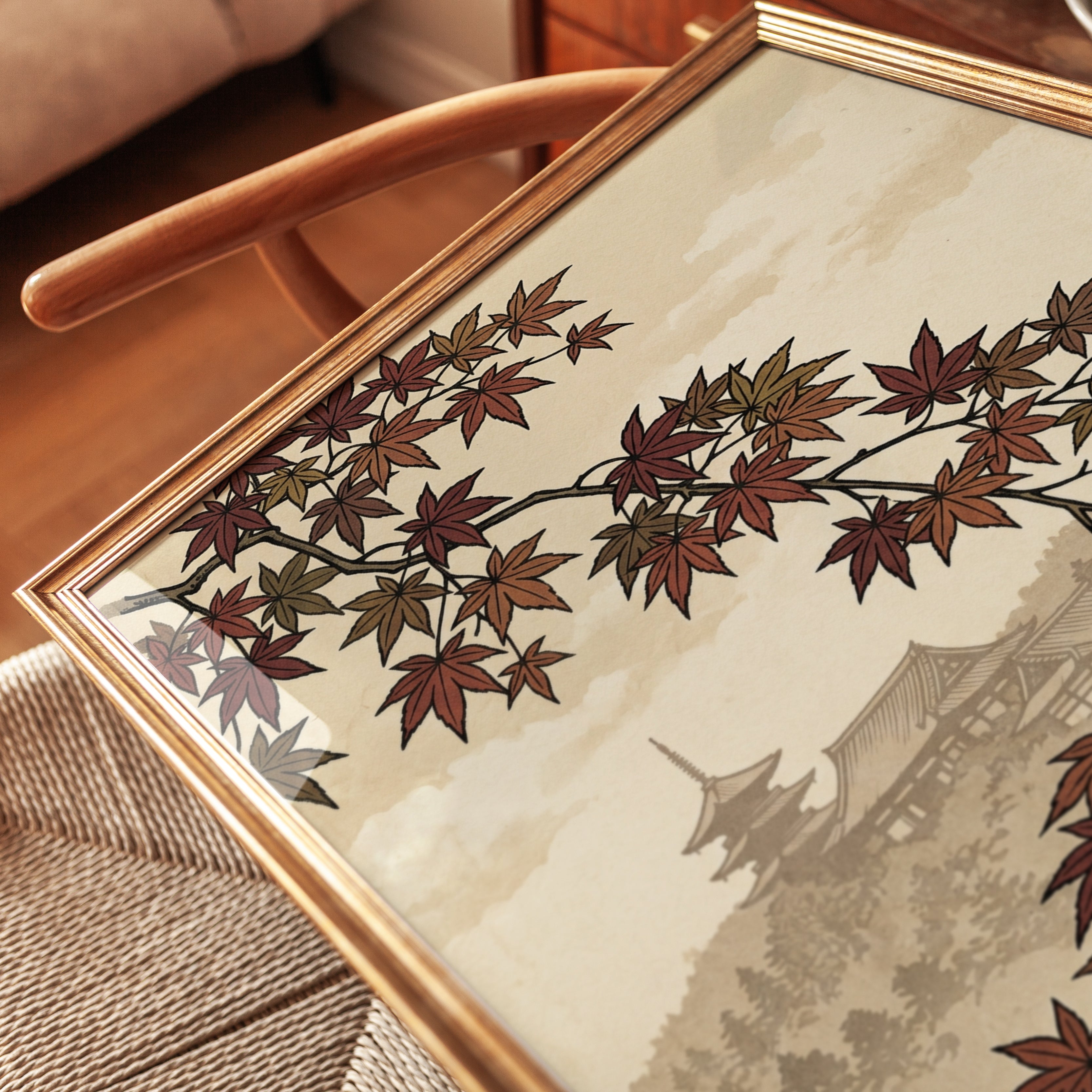 Japanese Maple Temple Art Print: Autumn Landscape with Pagoda - detail