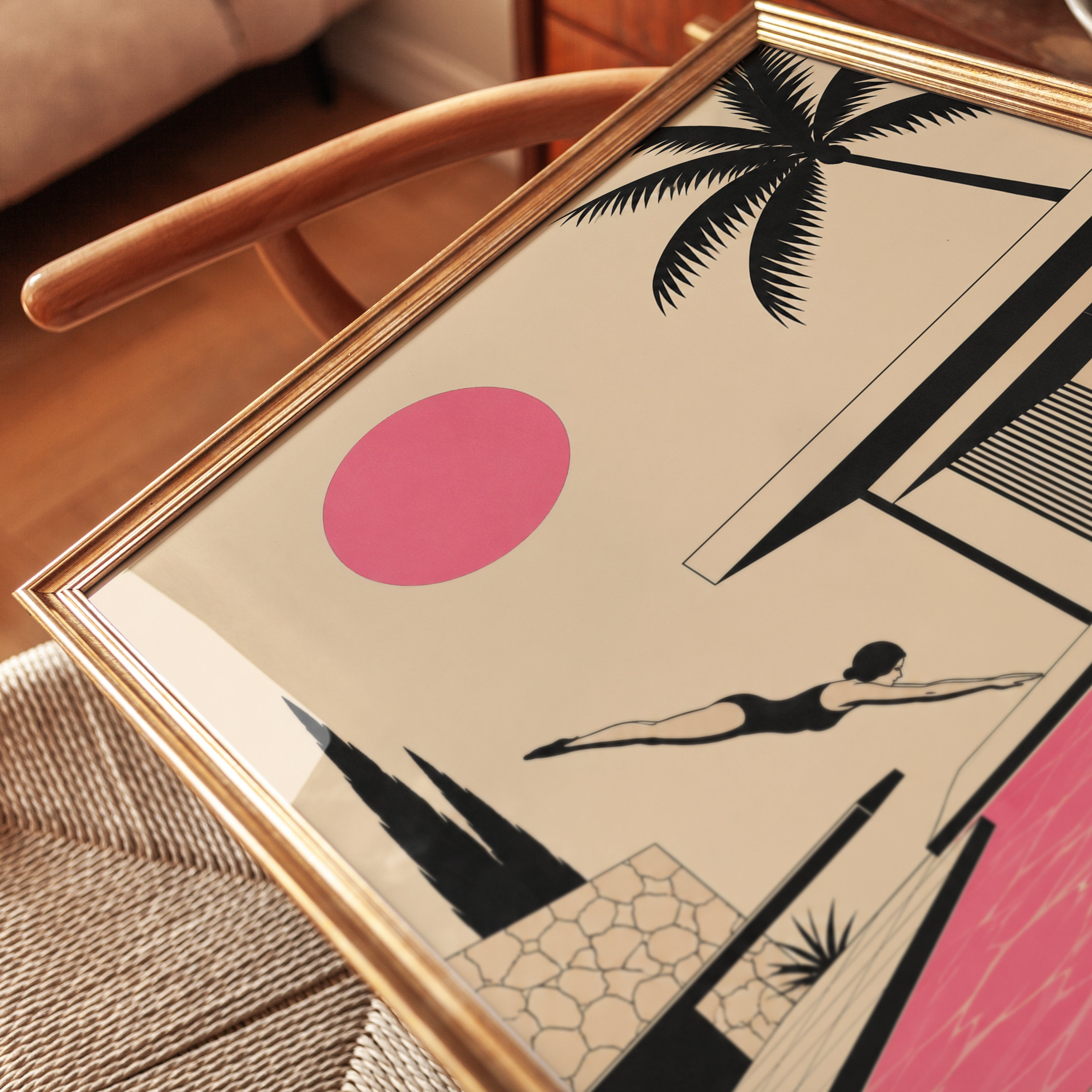 Mid-Century Modern Pool House Art Print: Pink Palm Tree Retro Scene - detail
