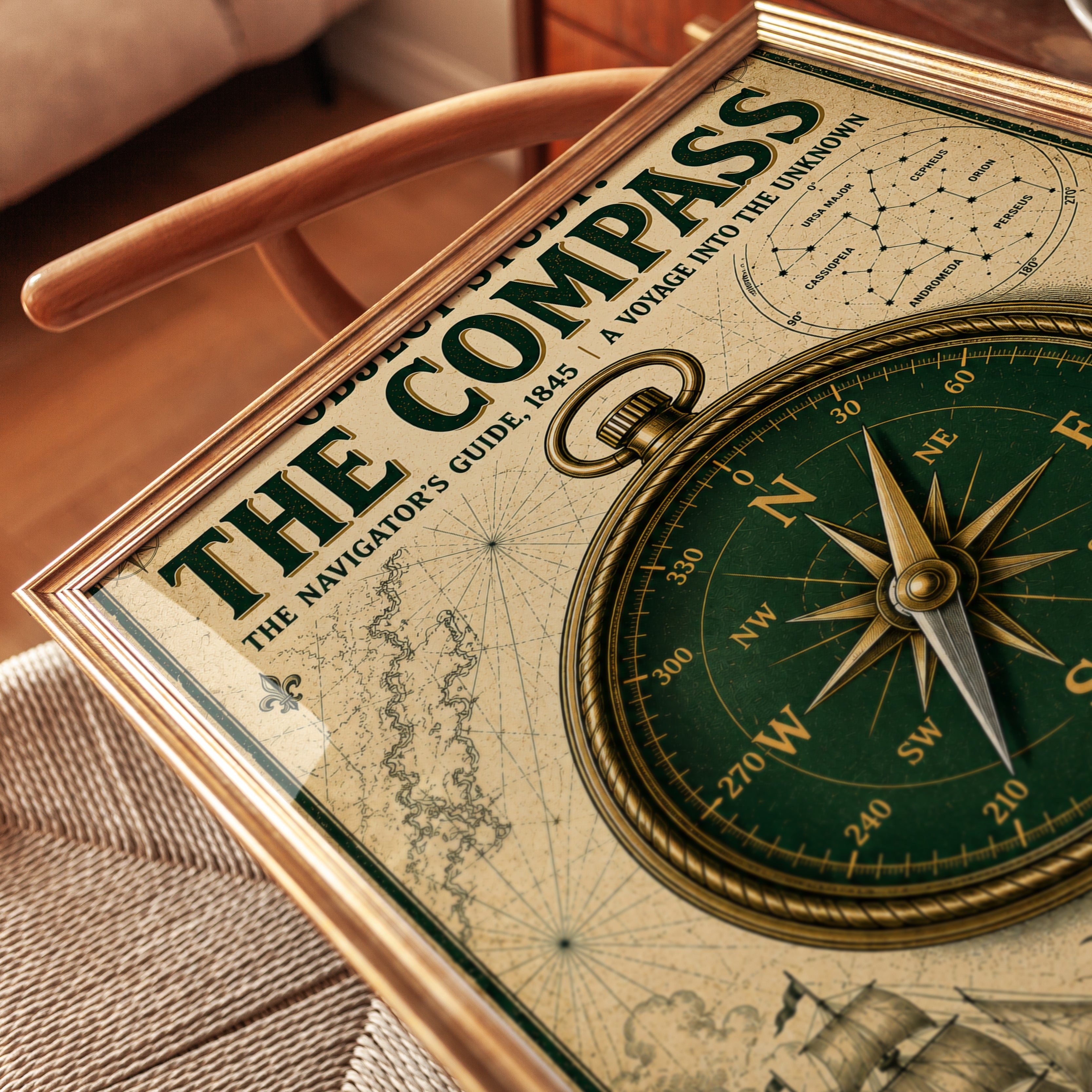 Vintage Compass Navigator Print: Nautical Navigation Wall Art - detail