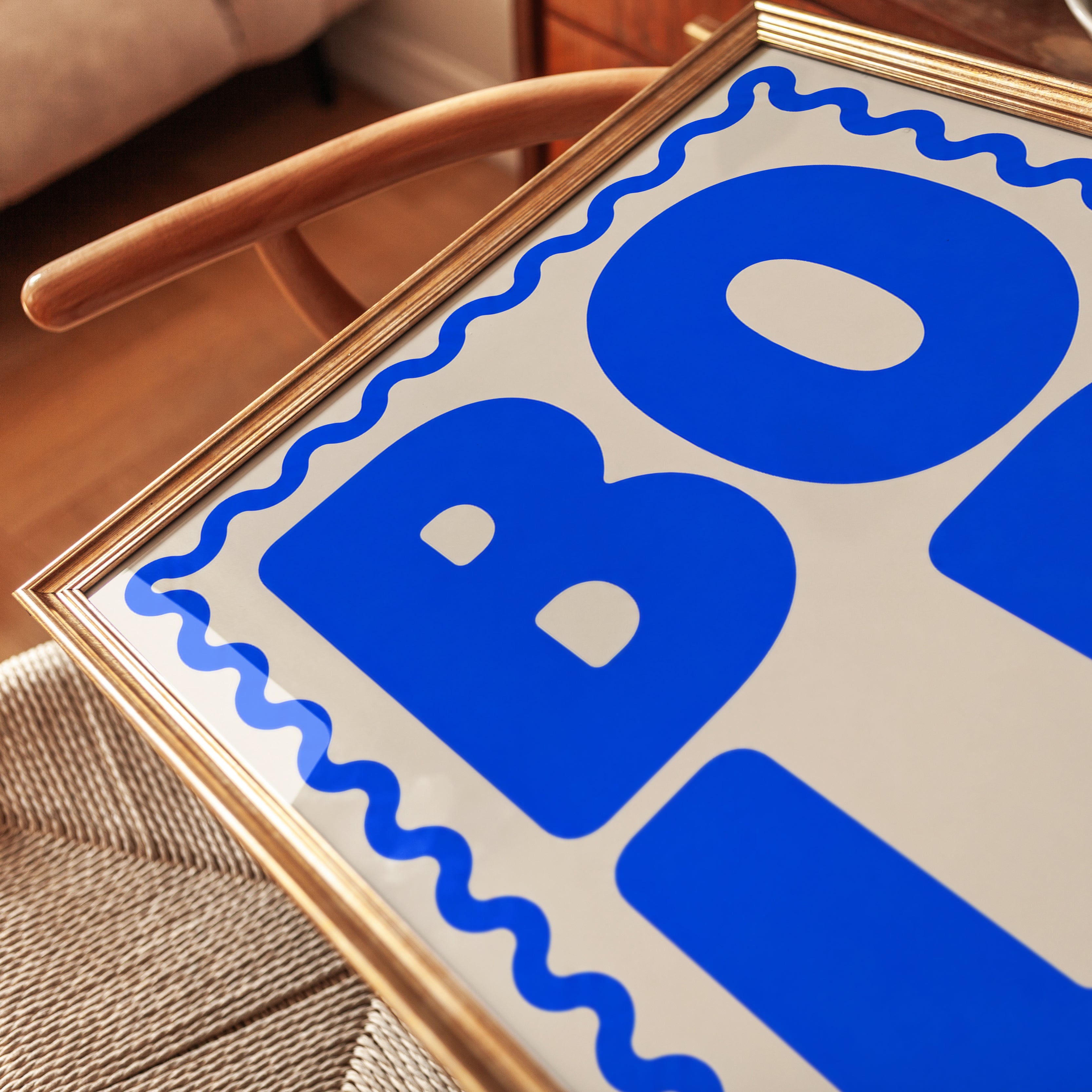 Bold Typography Art Print: Retro Blue Letters on Cream - detail