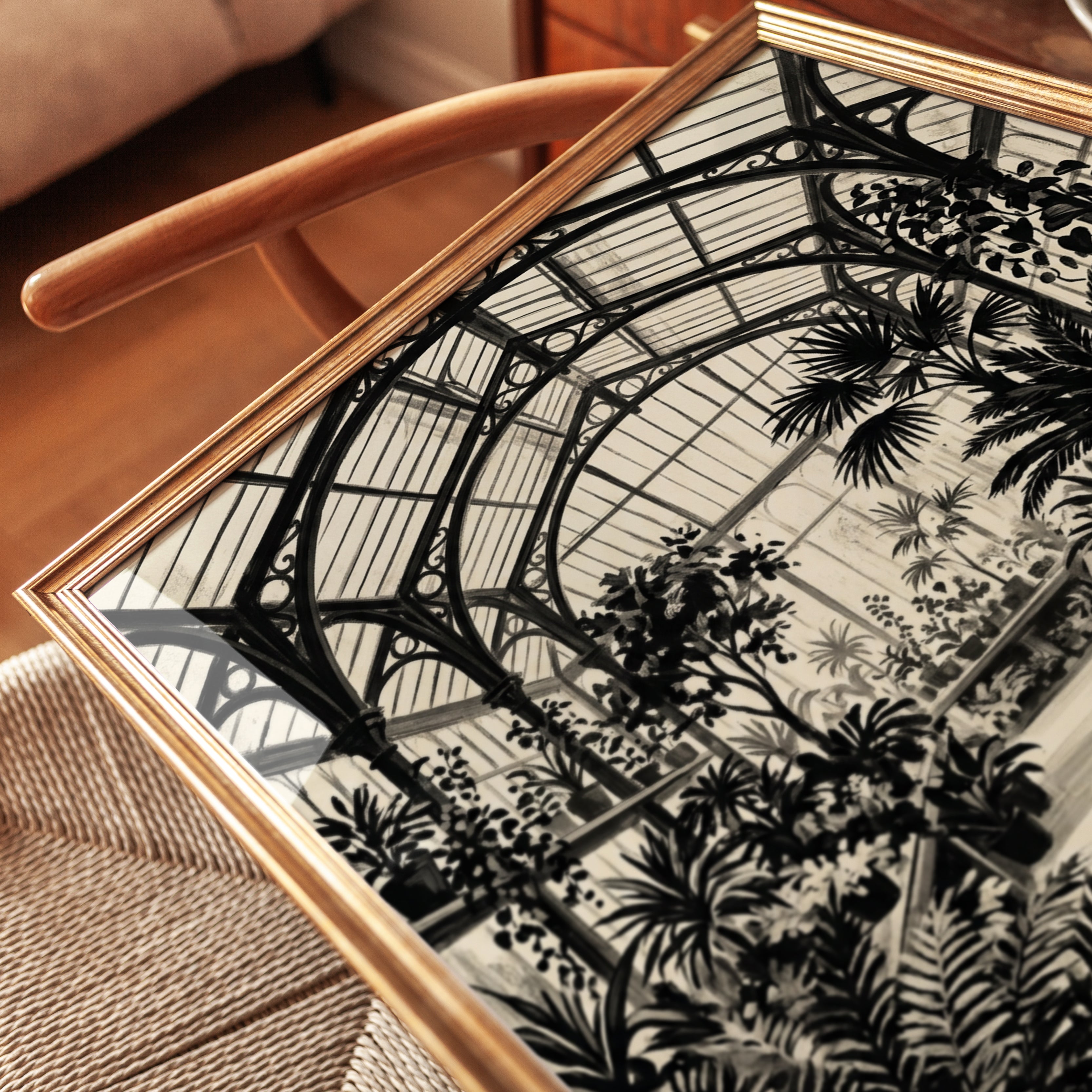 Victorian Glasshouse Interior: Black and White Botanical Art Print - detail