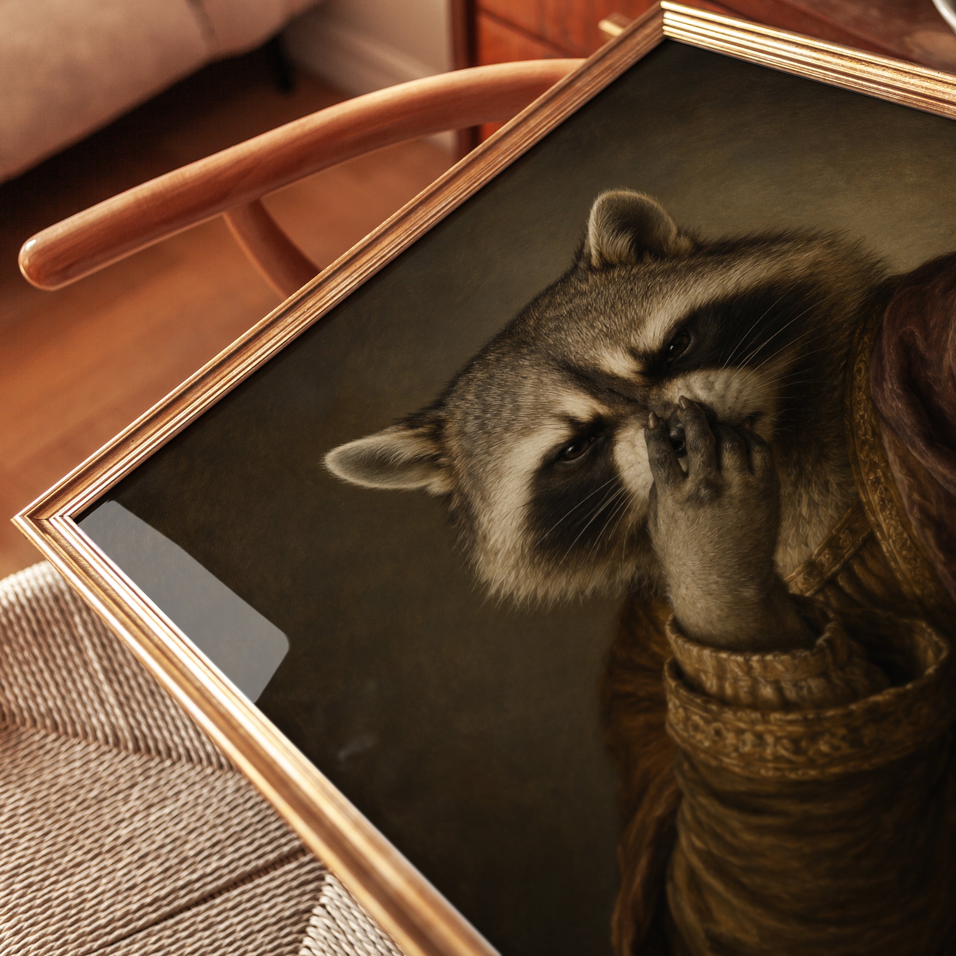 Funny Bathroom Poster Renaissance Raccoon Portrait Print: Whimsical - detail