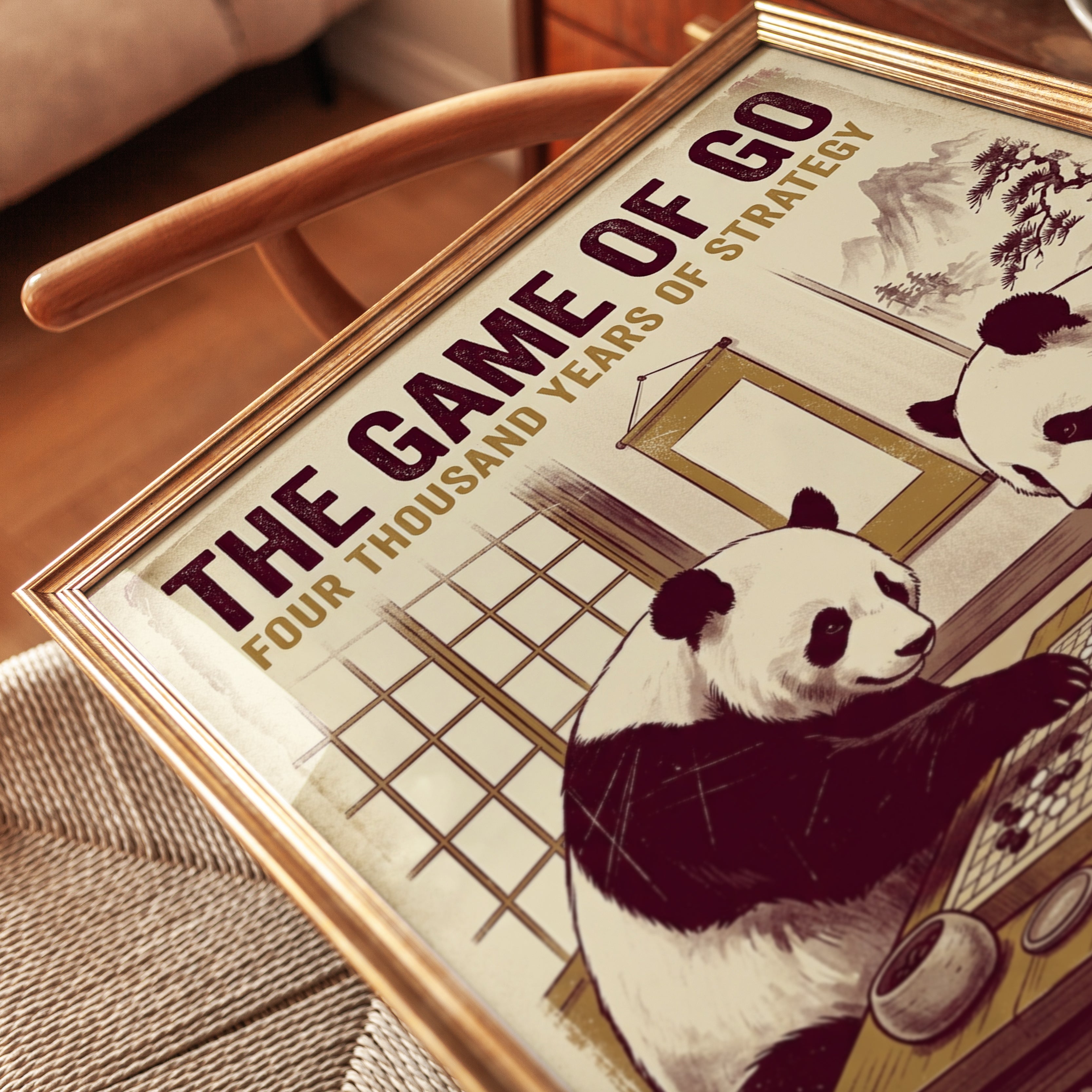 Pandas Playing Go Board Game Poster: Vintage Japanese Style Art - detail