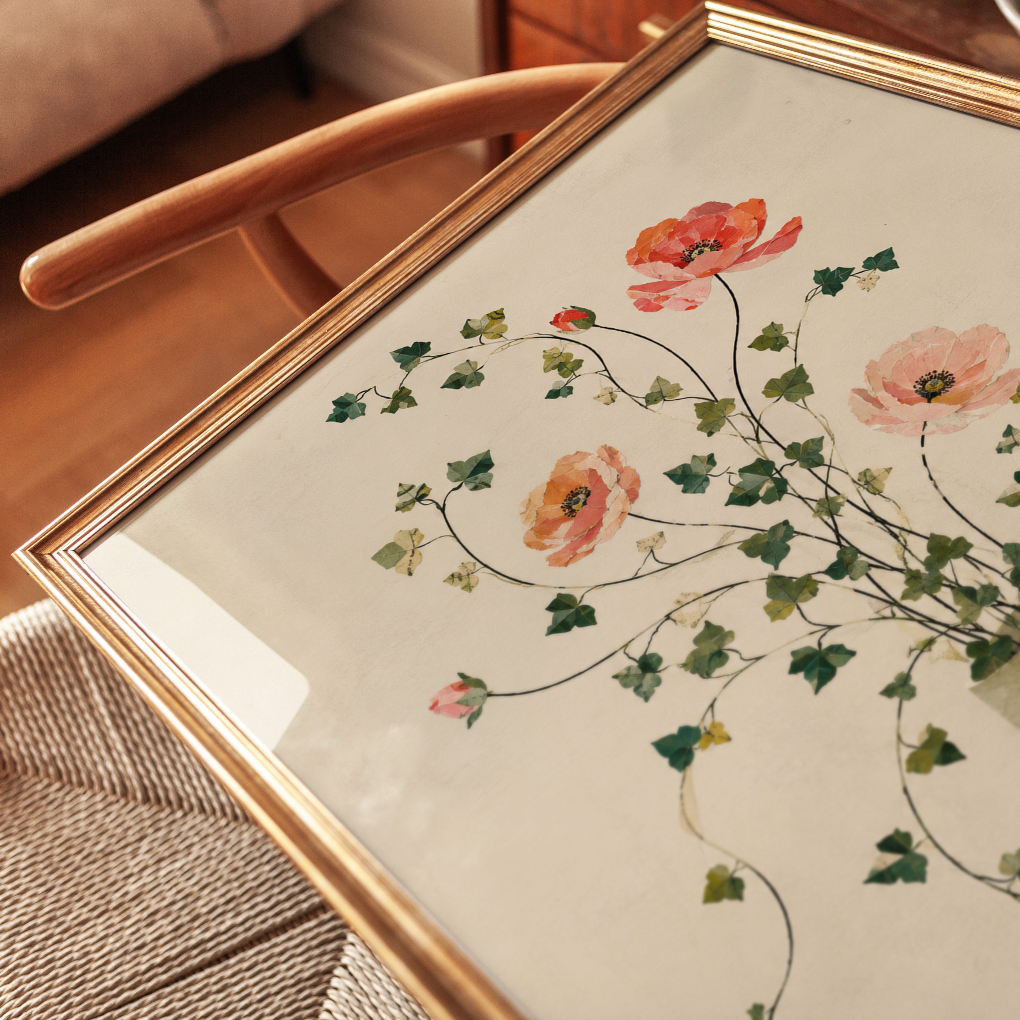 Coral Poppies With Ivy Wall Art: Watercolor Botanical Print - detail