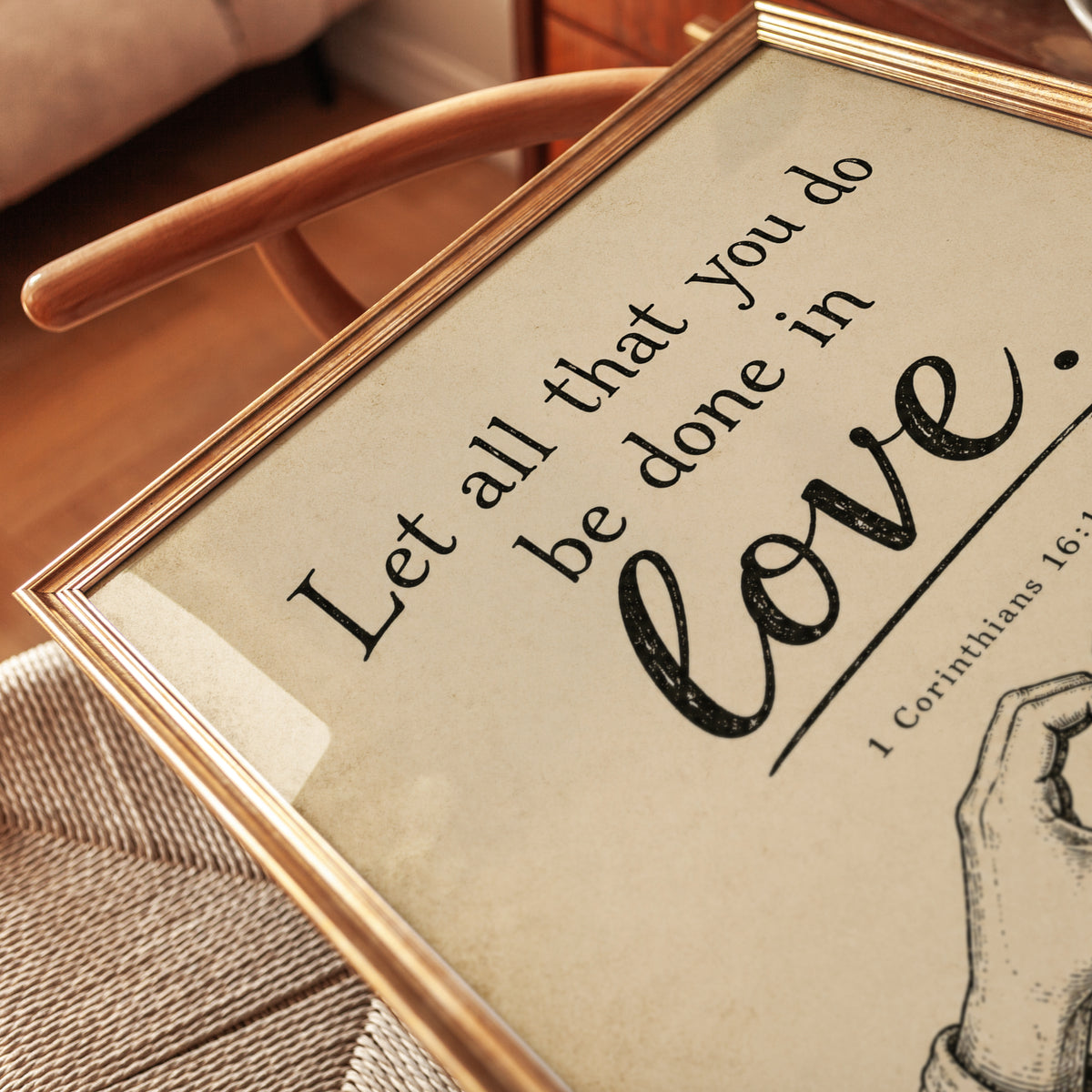Love Scripture Wall Art: Vintage Beige Biblical Verse Print - detail