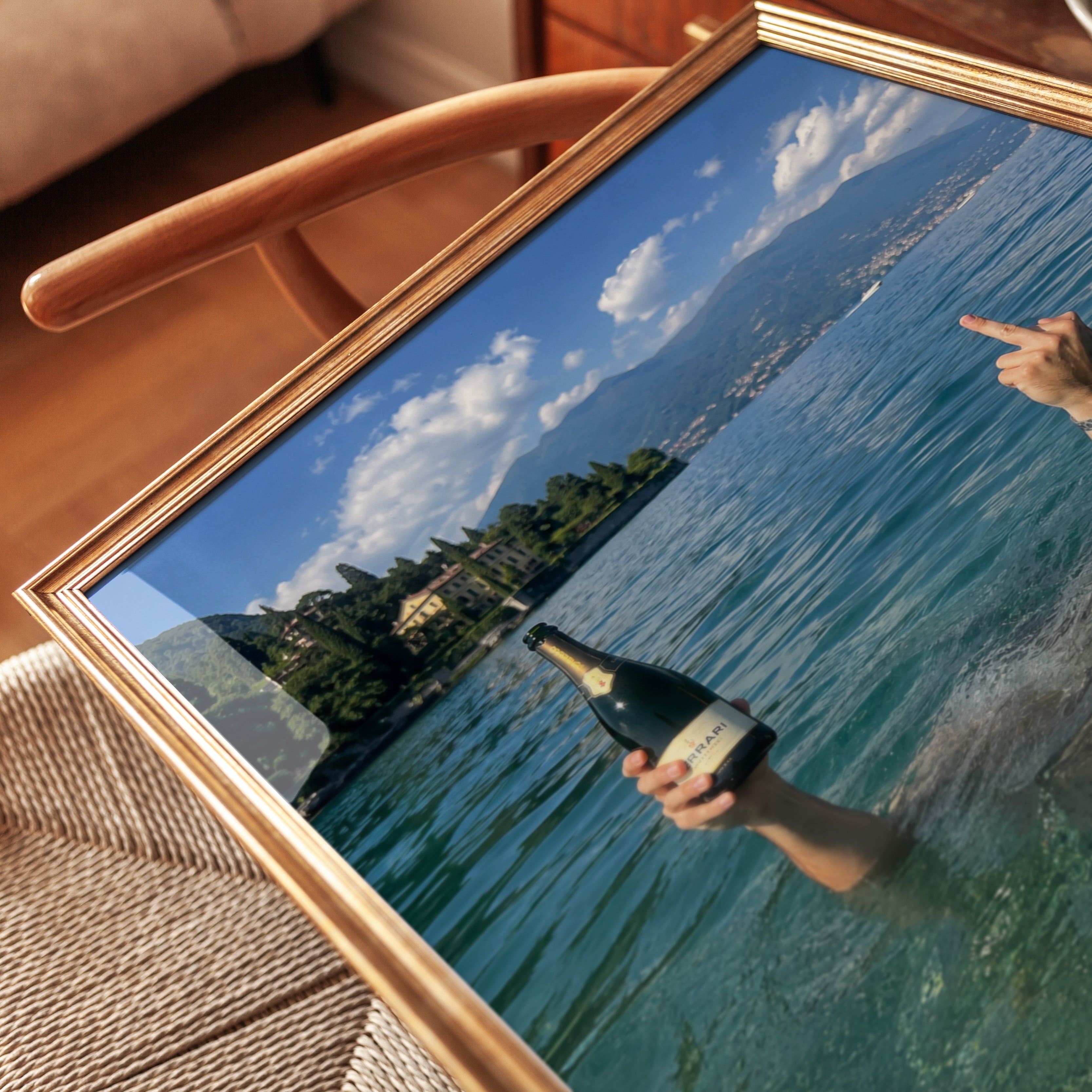 Italian Lake Life Wall Art: Champagne and Mountain Vista - detail