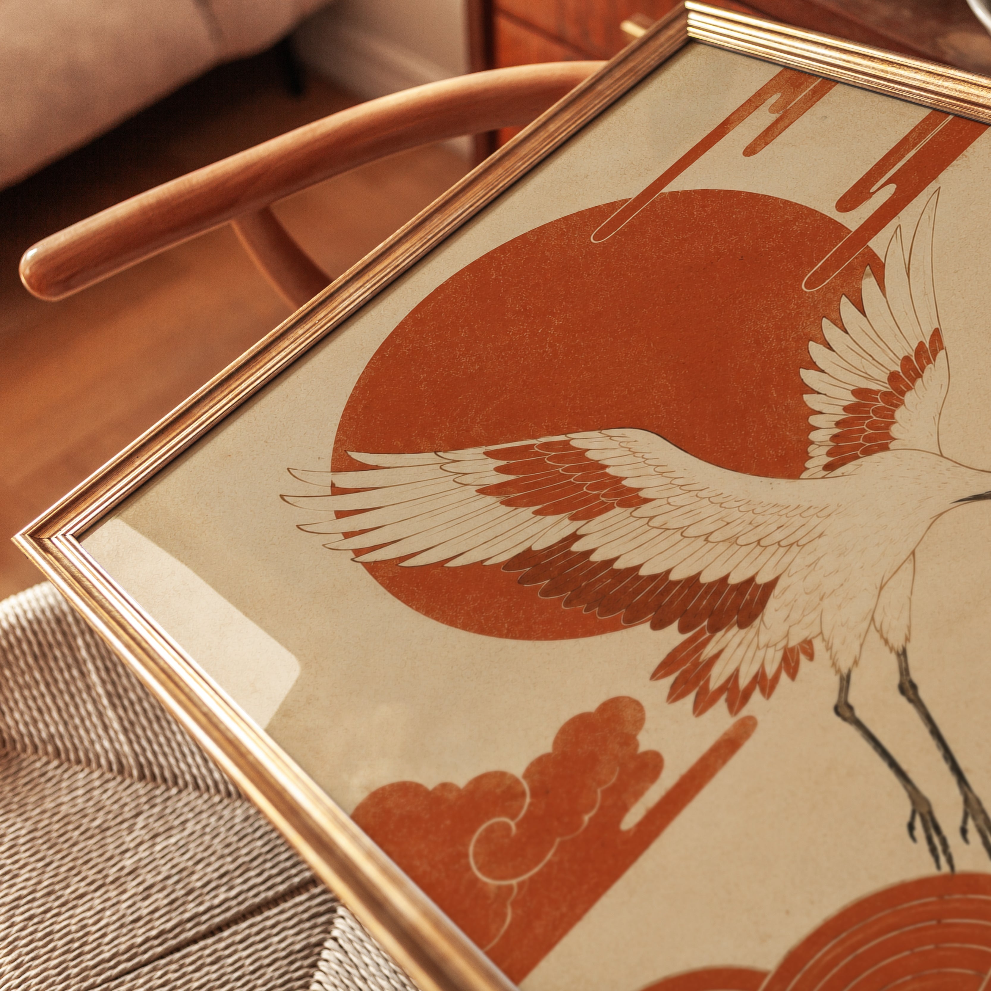 Crane Wall Art Print: Vintage Red Sun Motif - detail
