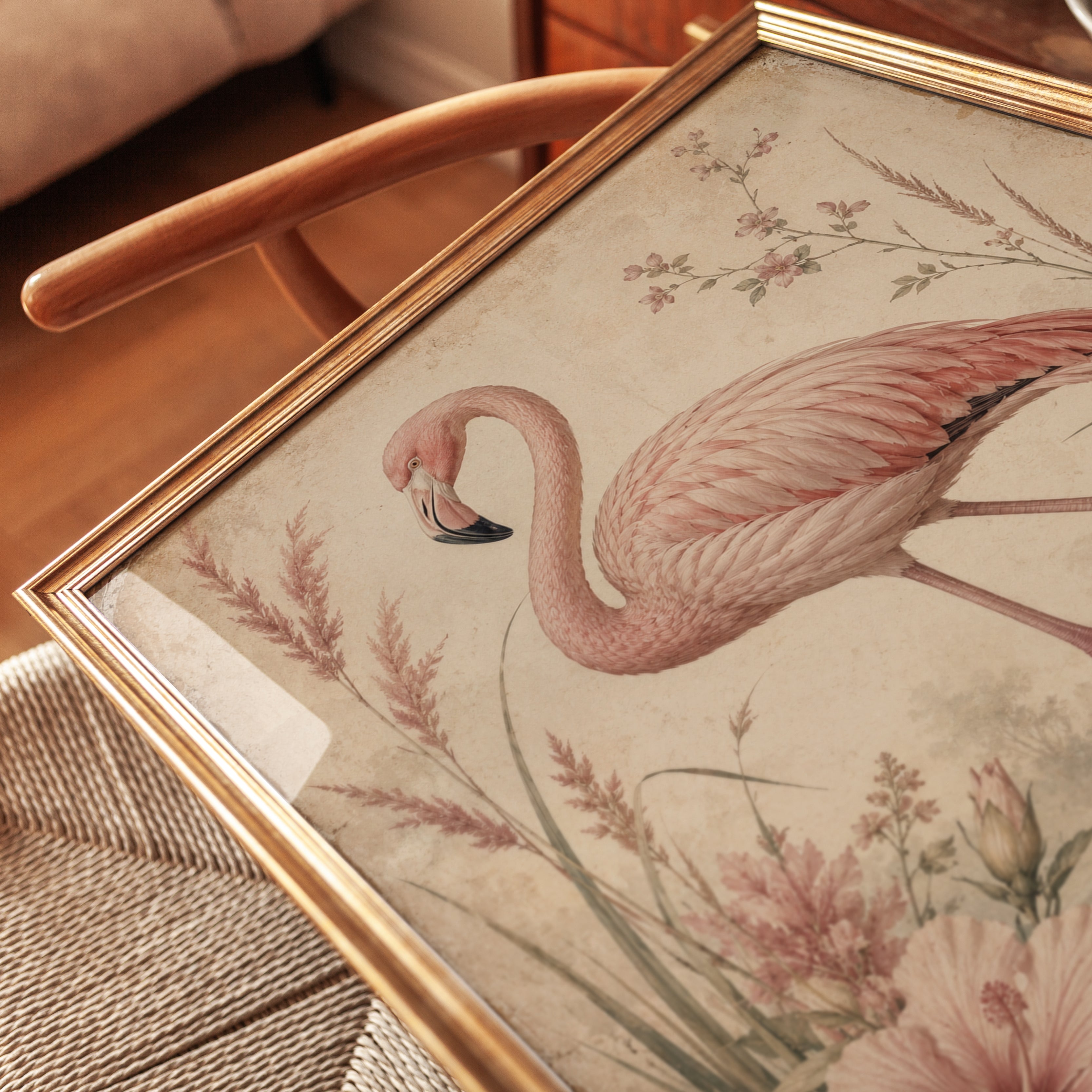 Flamingo Botanical Print – Vintage Bird Wall Art - detail