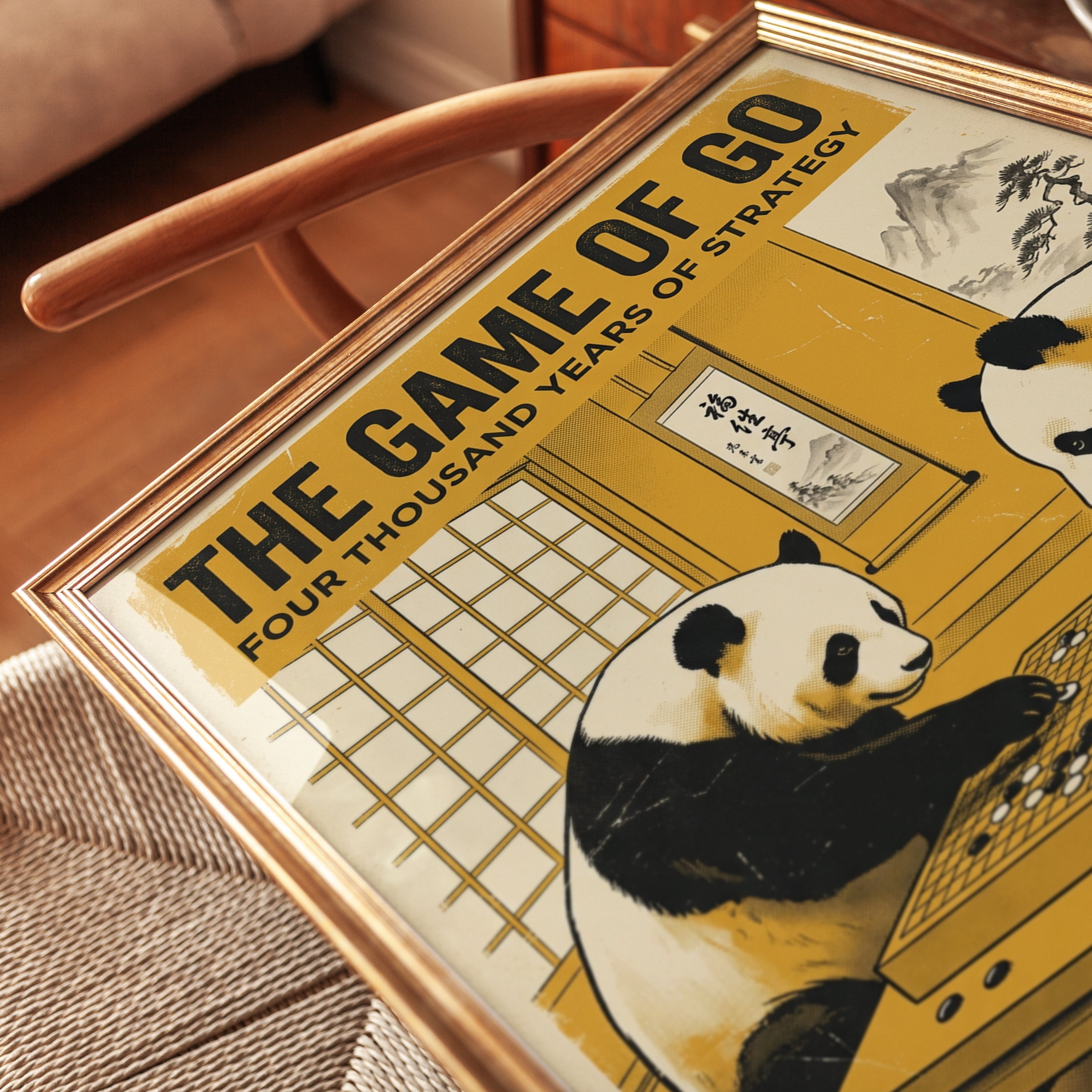 Pandas Playing Go Game Poster: Vintage Japanese Style Art Print - detail