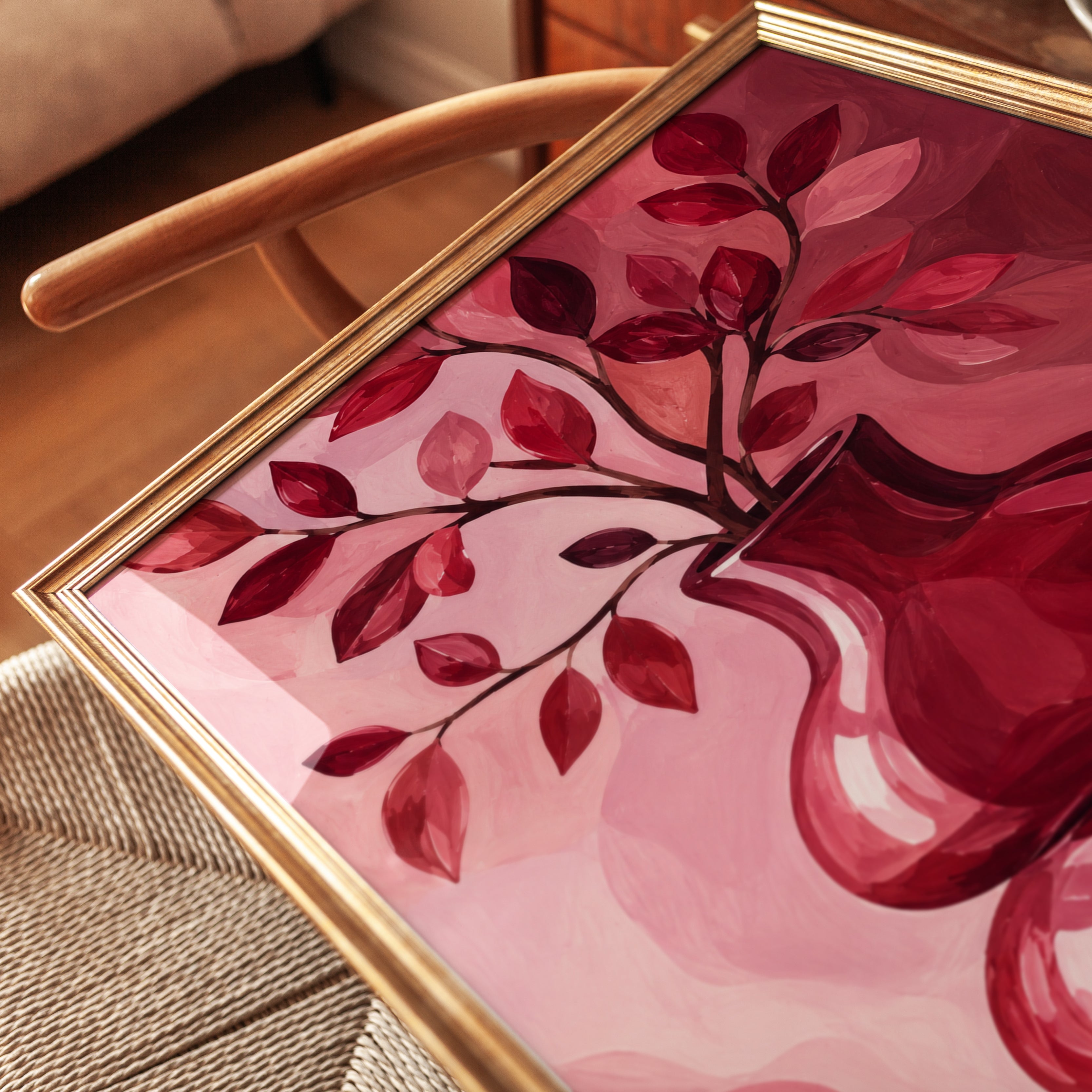 Red Botanical Vase Wall Art: Monochromatic Pink Still Life - detail