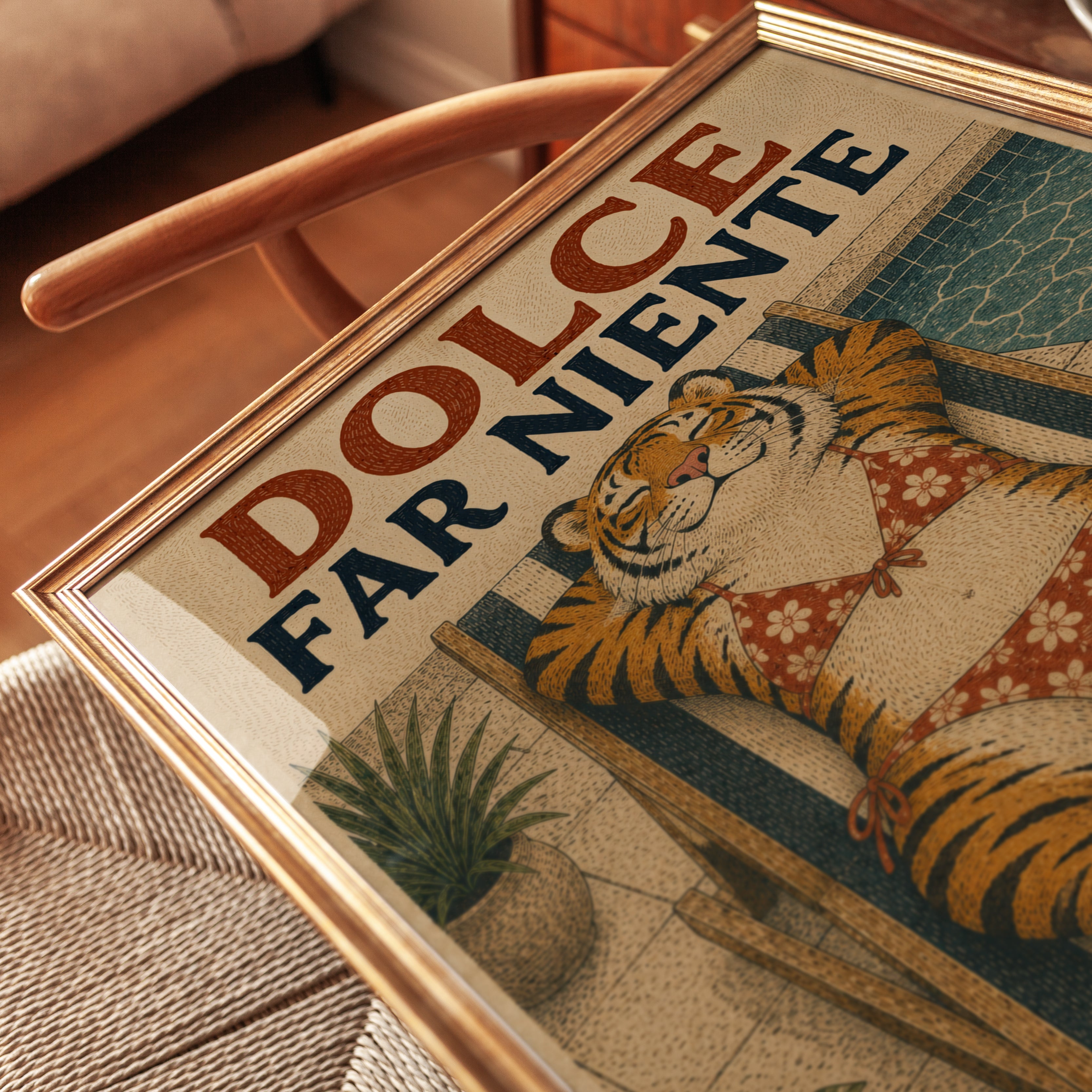 Dolce Far Niente Tiger Poster: Vintage Italian Poolside Art Print - detail