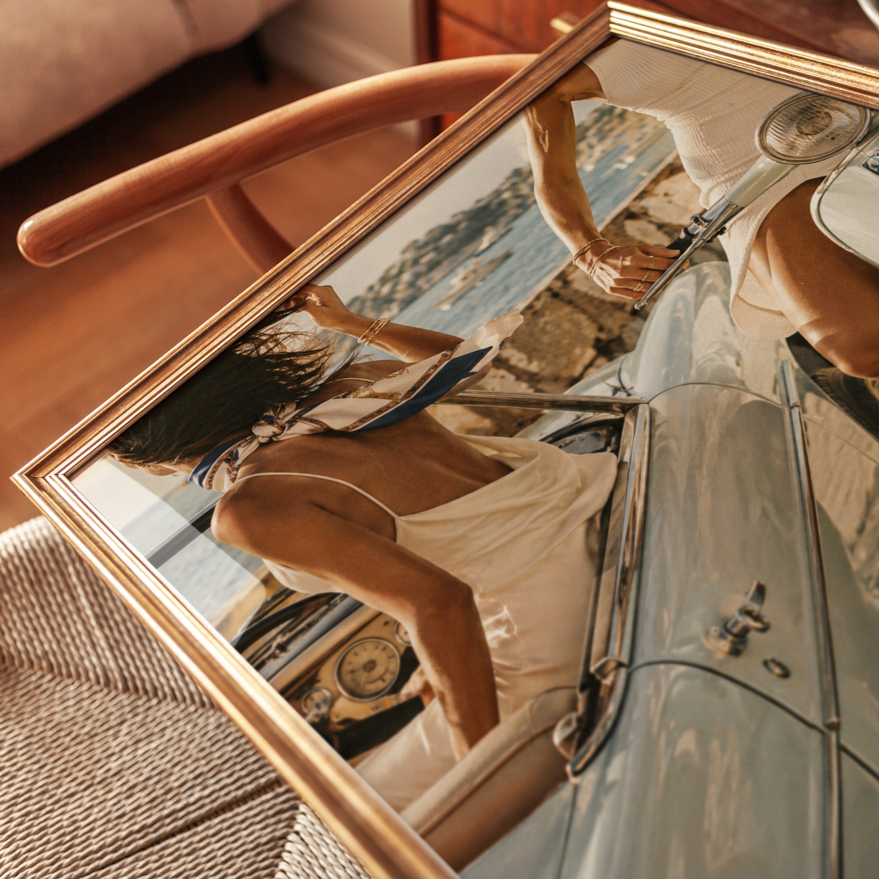 Coastal Summer Lifestyle Art Print: Vintage Car and Vespa Scene - detail