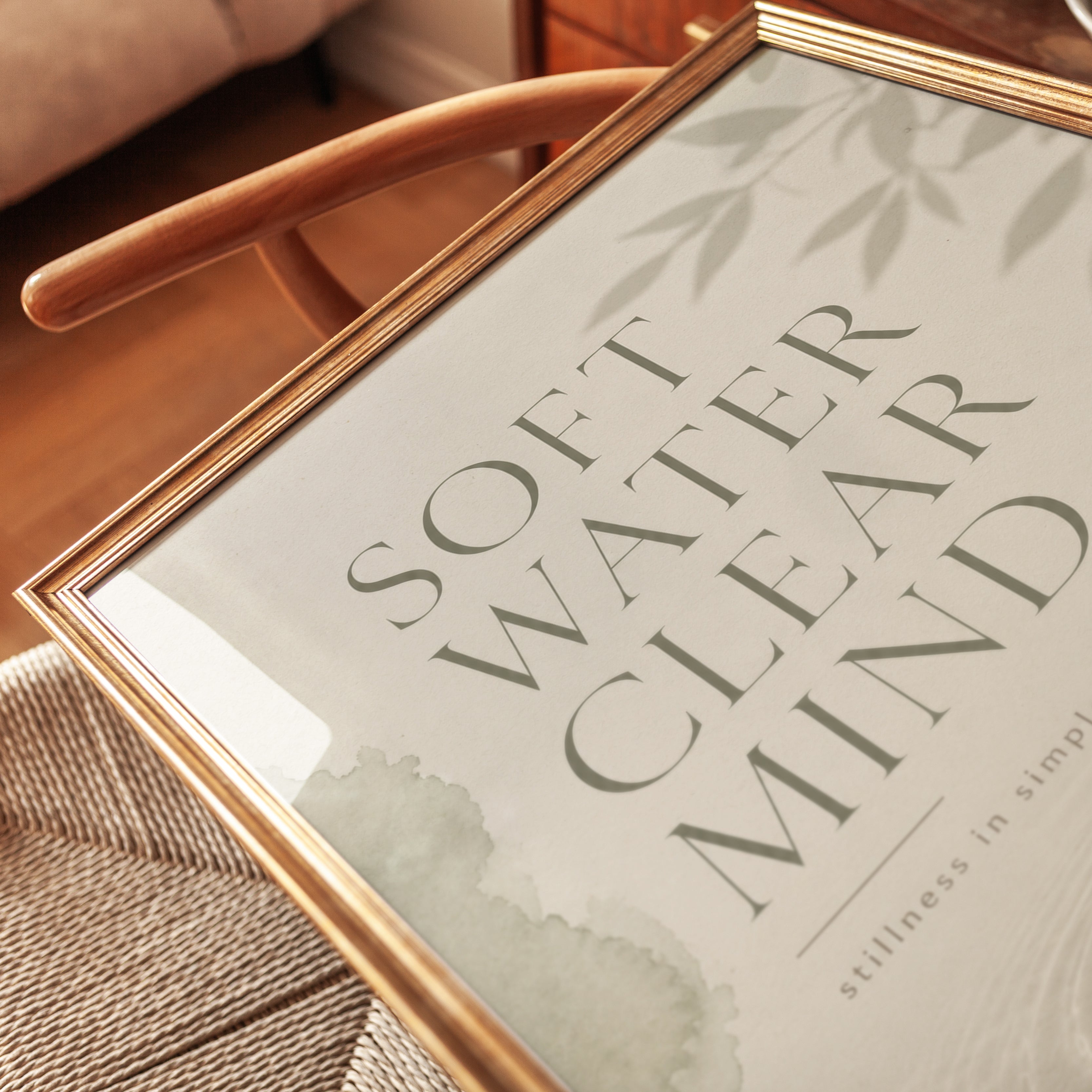 Soft Water Clear Mind Typography Print: Zen Minimalist Wall Art - detail