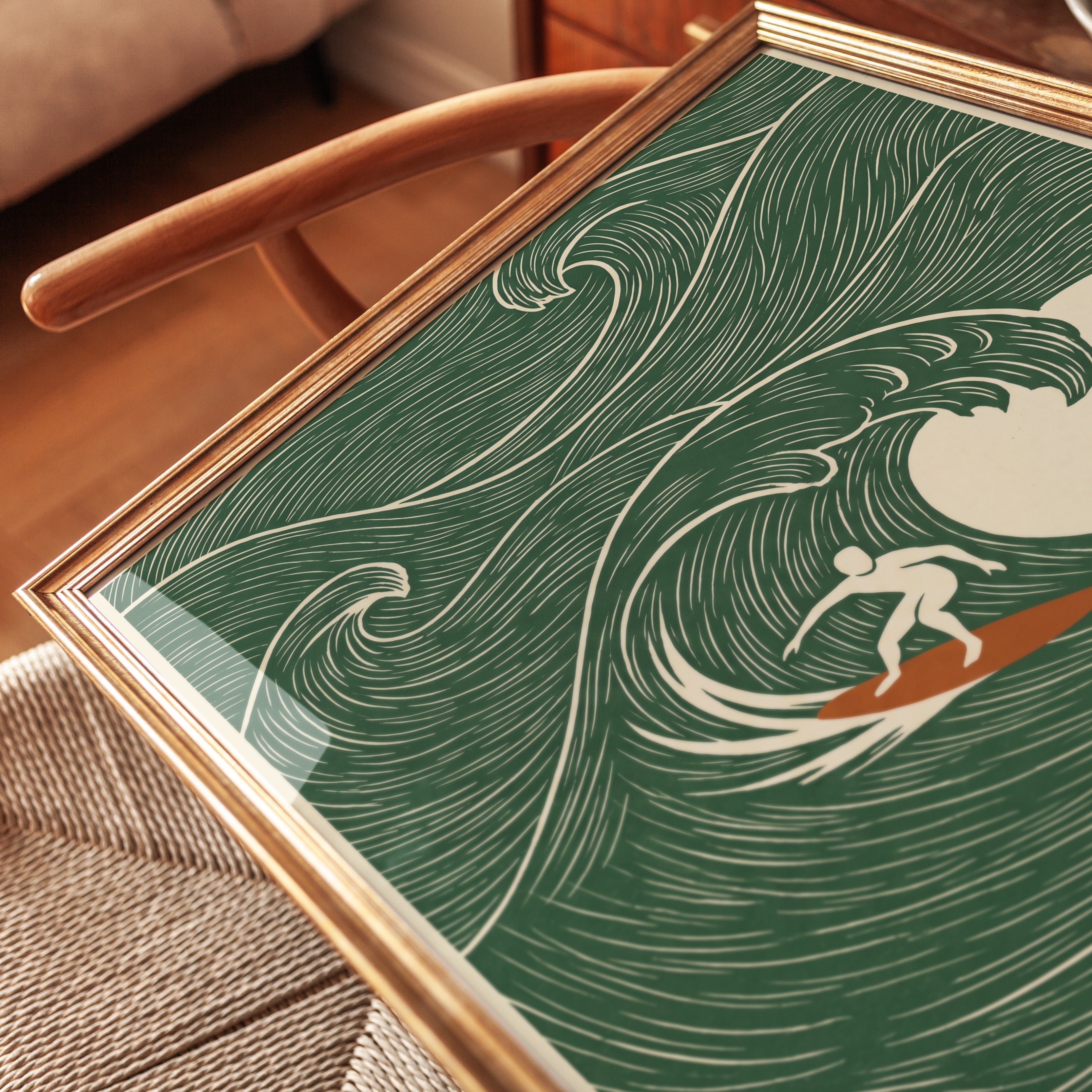 Japanese Wave Surfer Print: Minimalist Green Ocean Art - detail