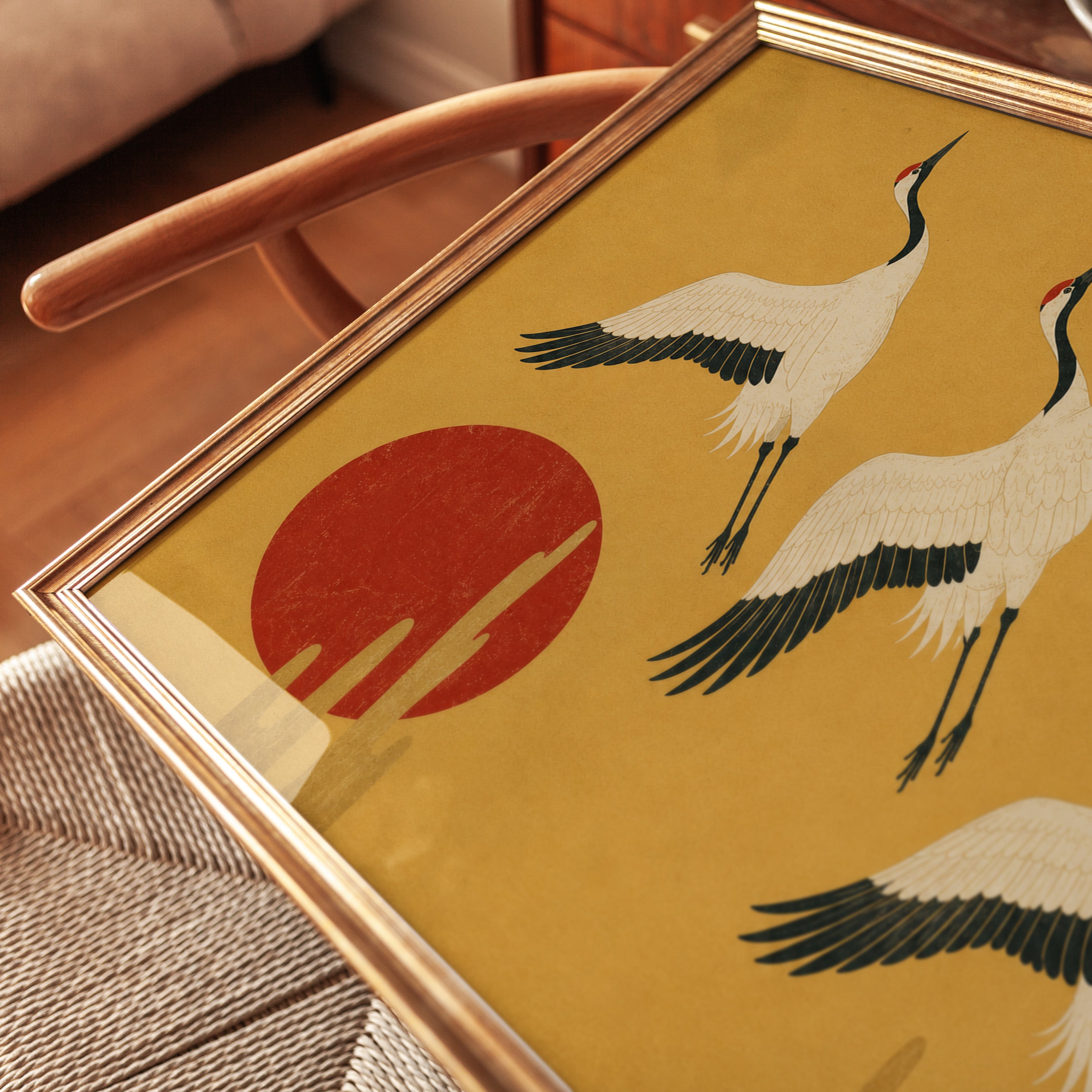 Japanese Crane Print – Vintage Red Sun - detail