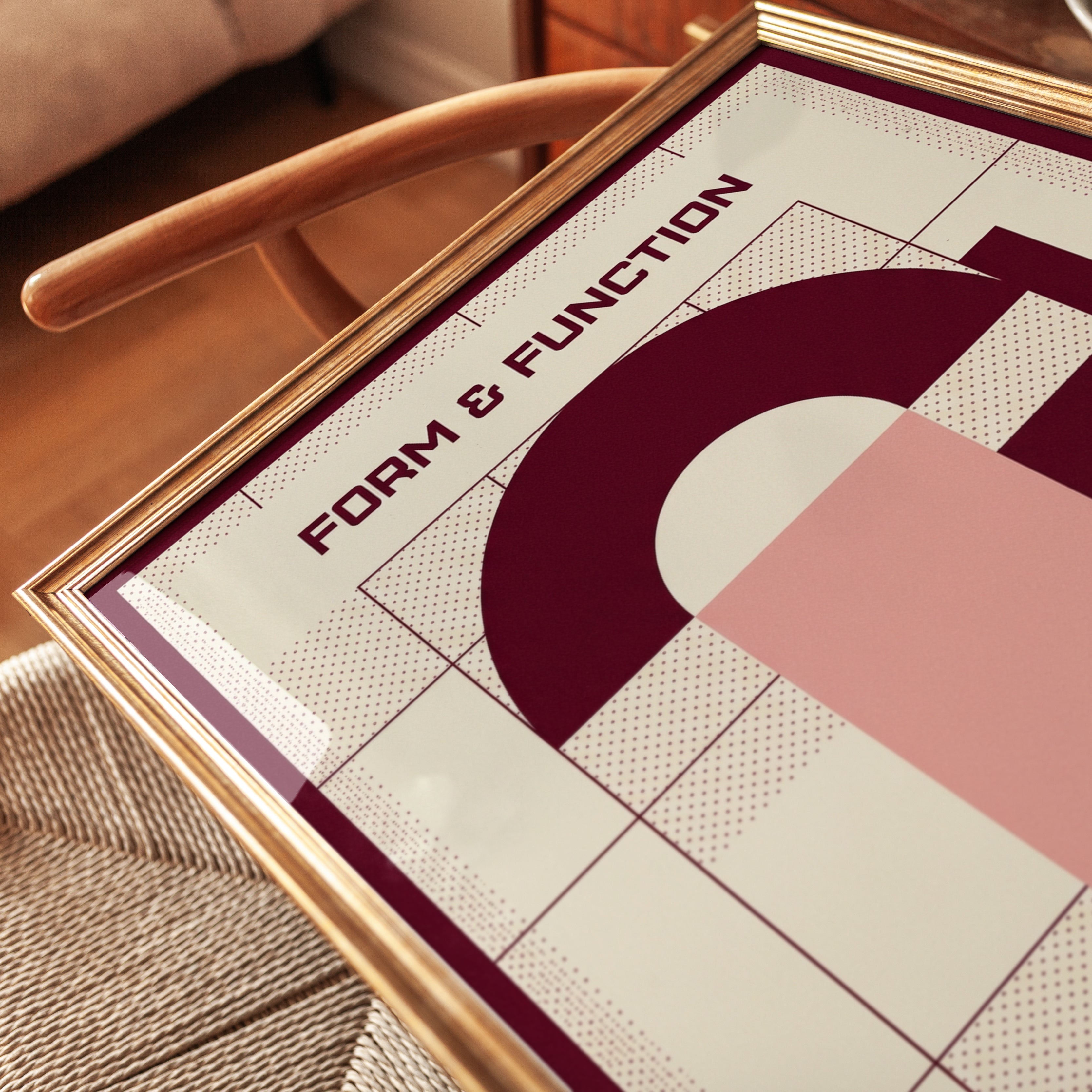 Bauhaus Arch Print: Geometric Shapes in Burgundy and Pink - detail