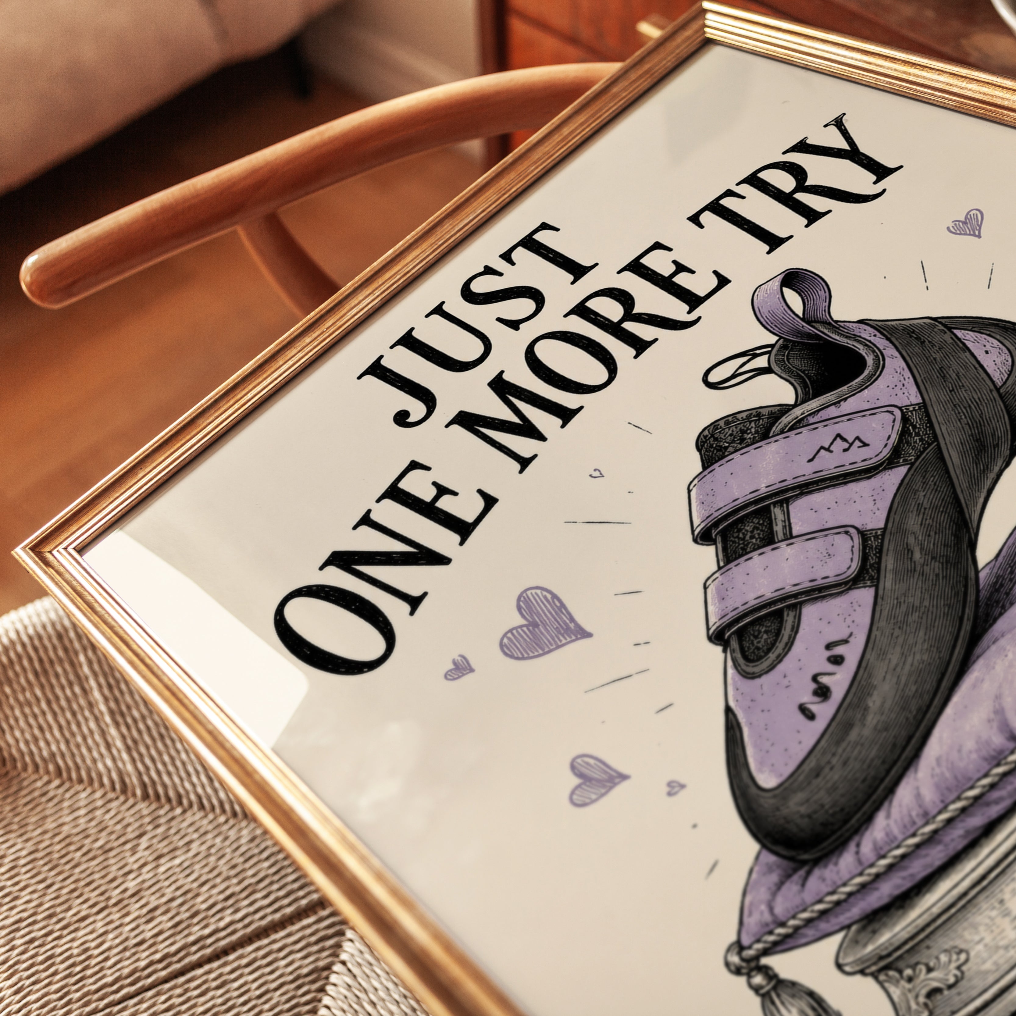 Just One More Try Climbing Shoe Print: Motivational Purple Art - detail