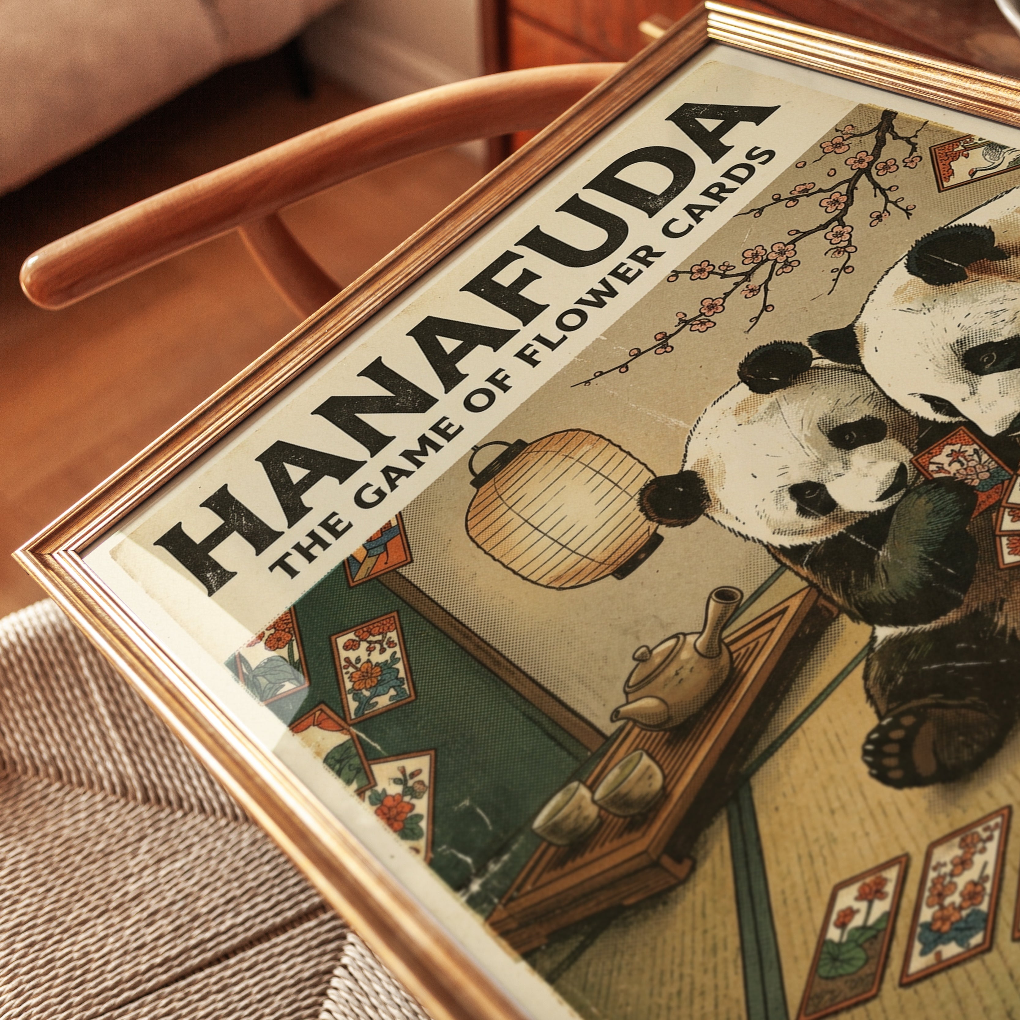 Hanafuda Pandas Print: Vintage Japanese Card Game Poster - detail