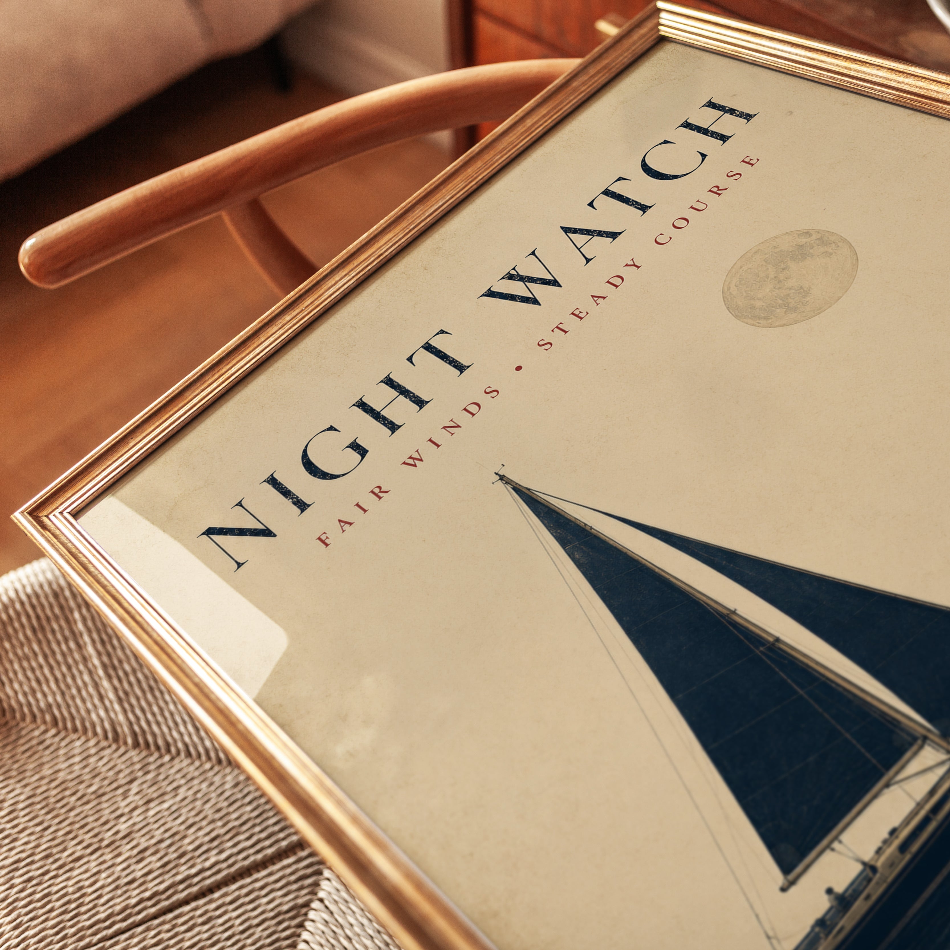 Night Watch Sailboat Art Print: Vintage Nautical Moon Poster - detail