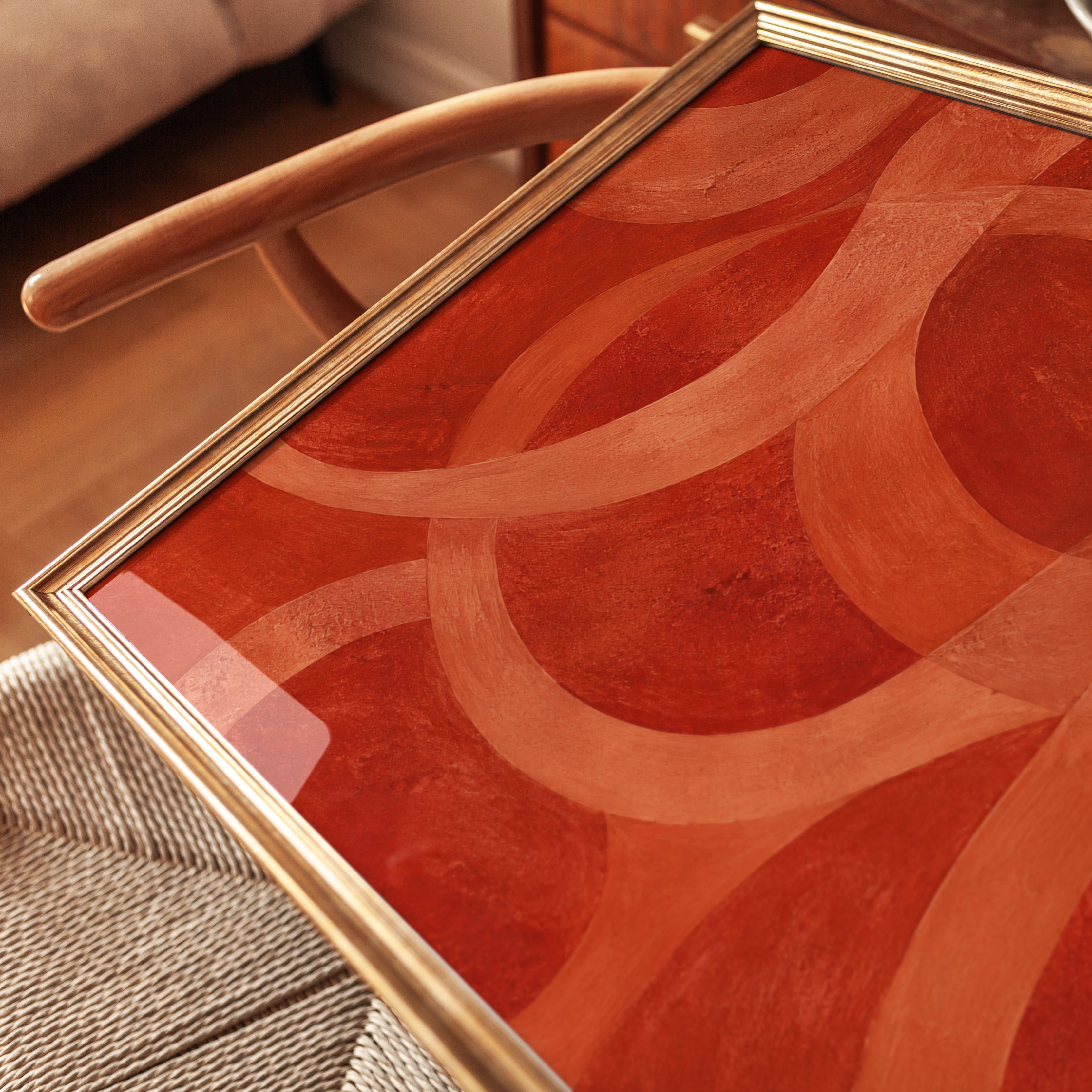 Retro Red Abstract Curves Wall Art: Mid-Century Modern Design - detail
