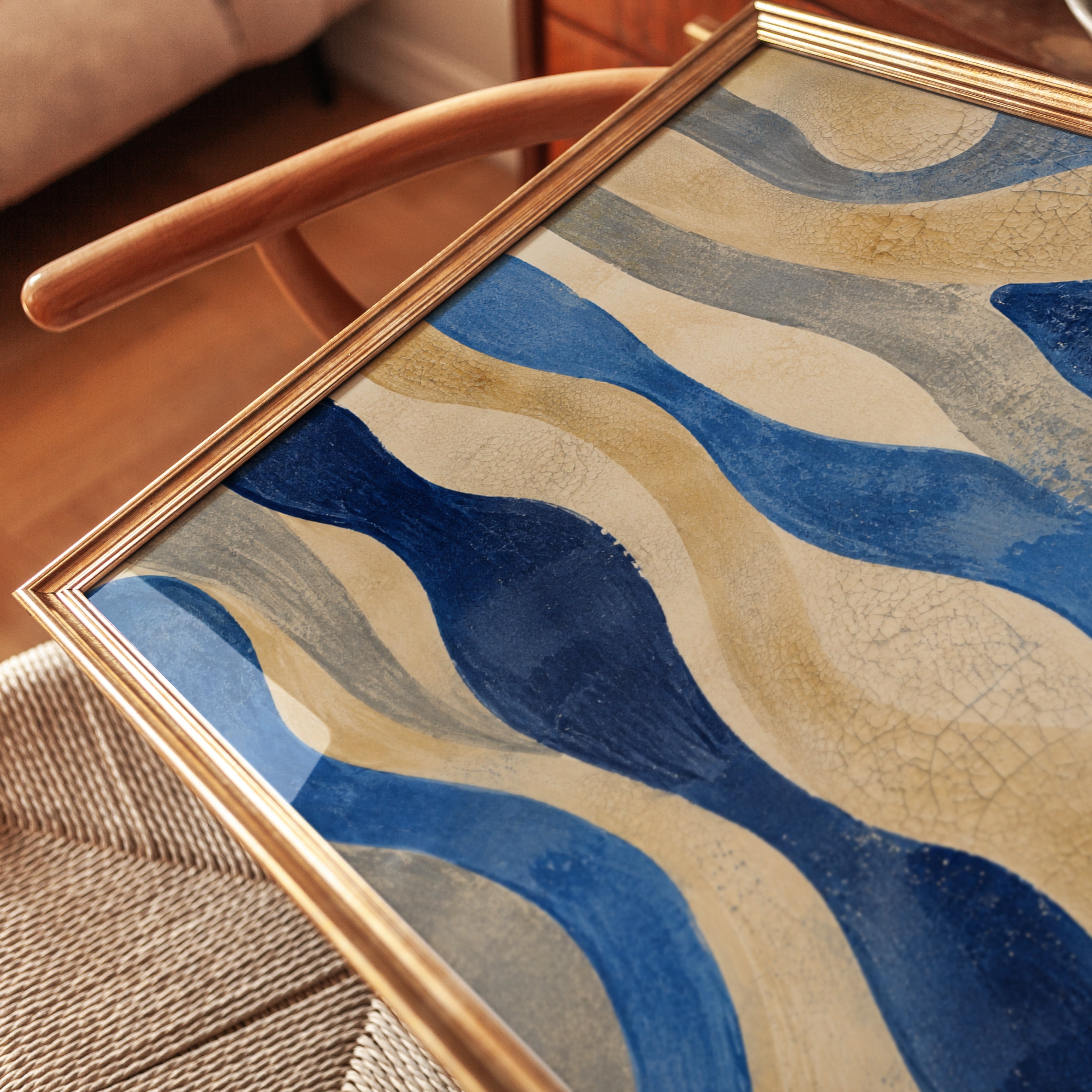 Abstract Waves Art Print: Blue and Gold Flowing Pattern - detail