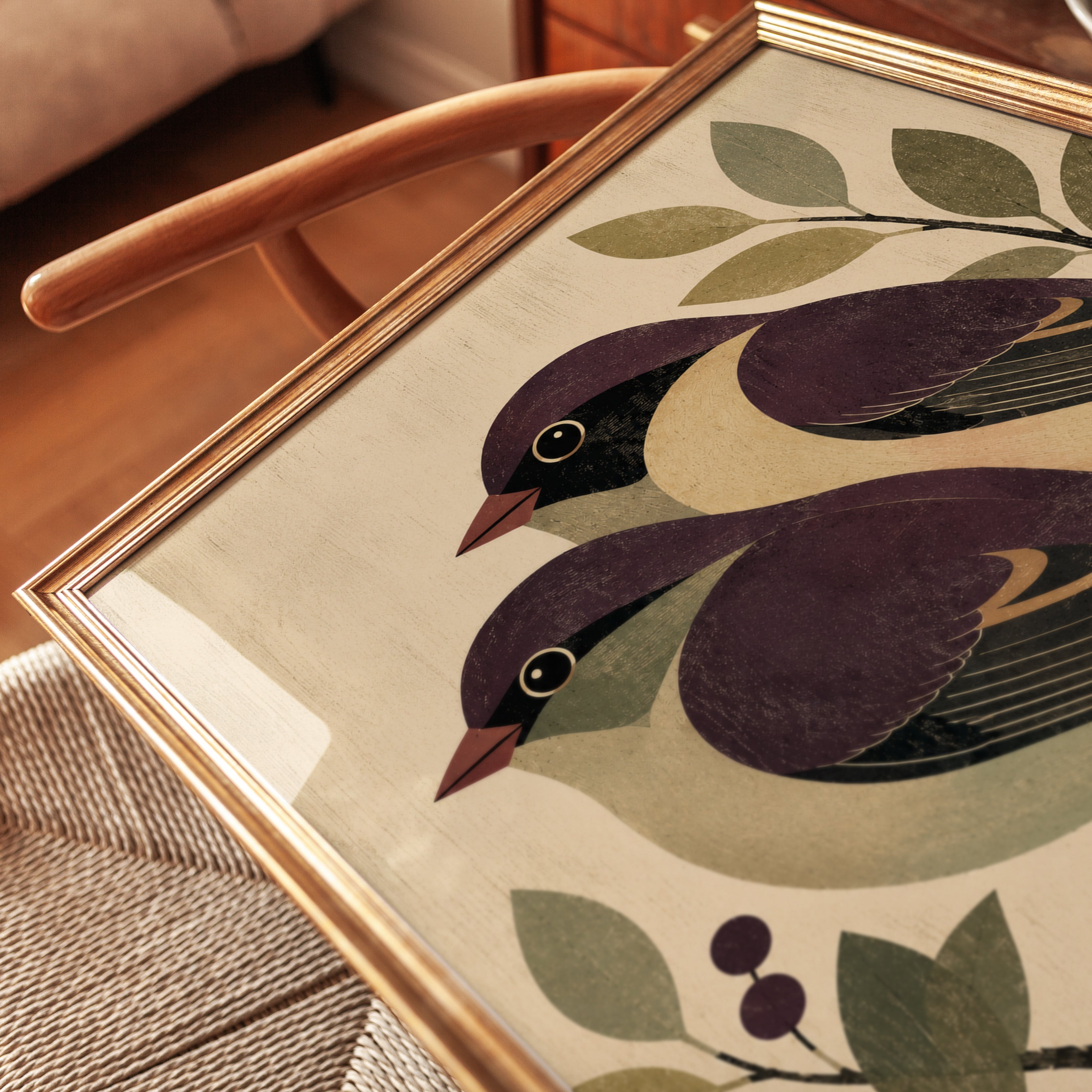 Folk Art Birds Print: Vintage Purple Finch Pair on Branch - detail