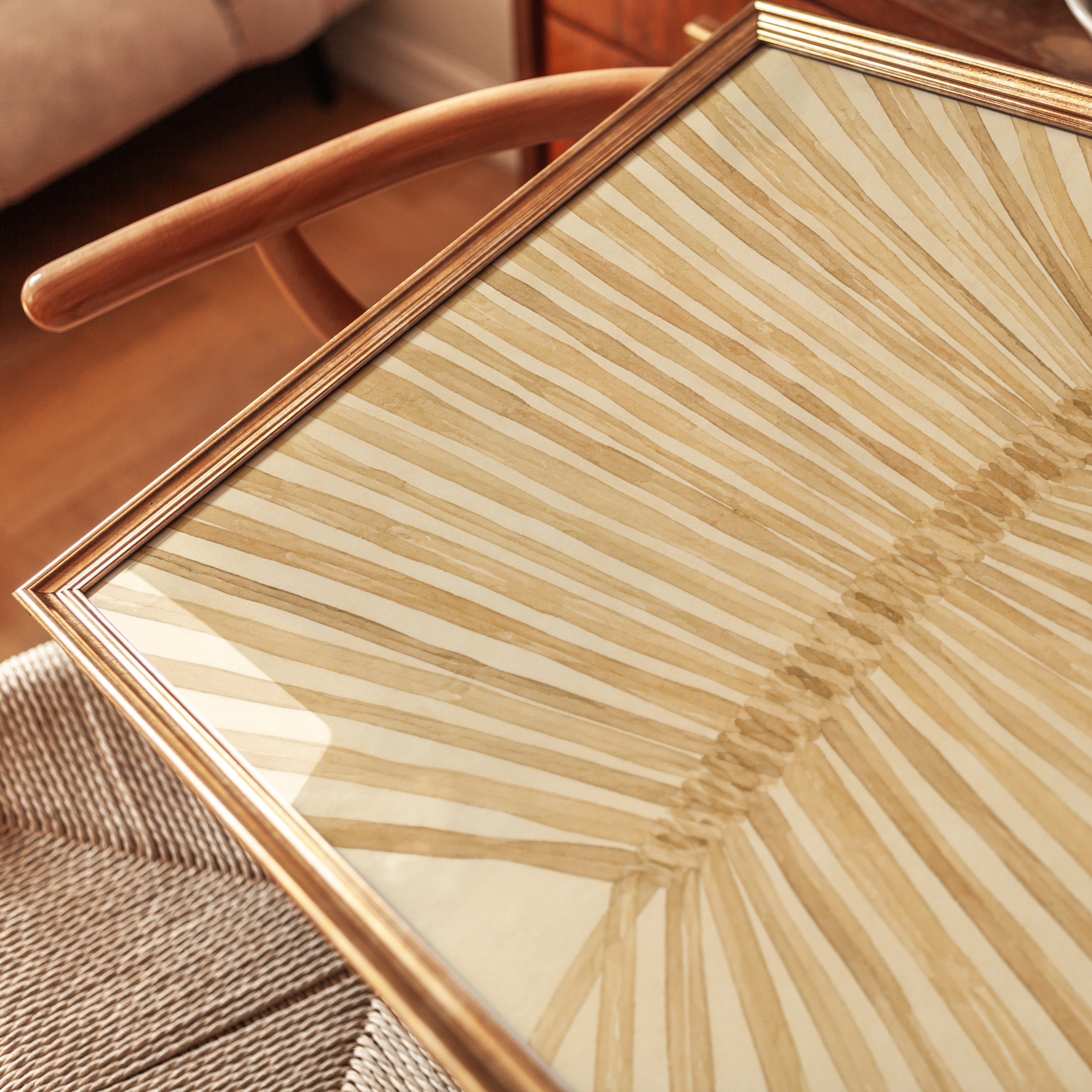 Sunburst Geometric Art Print: Beige Radiating Lines Design - detail