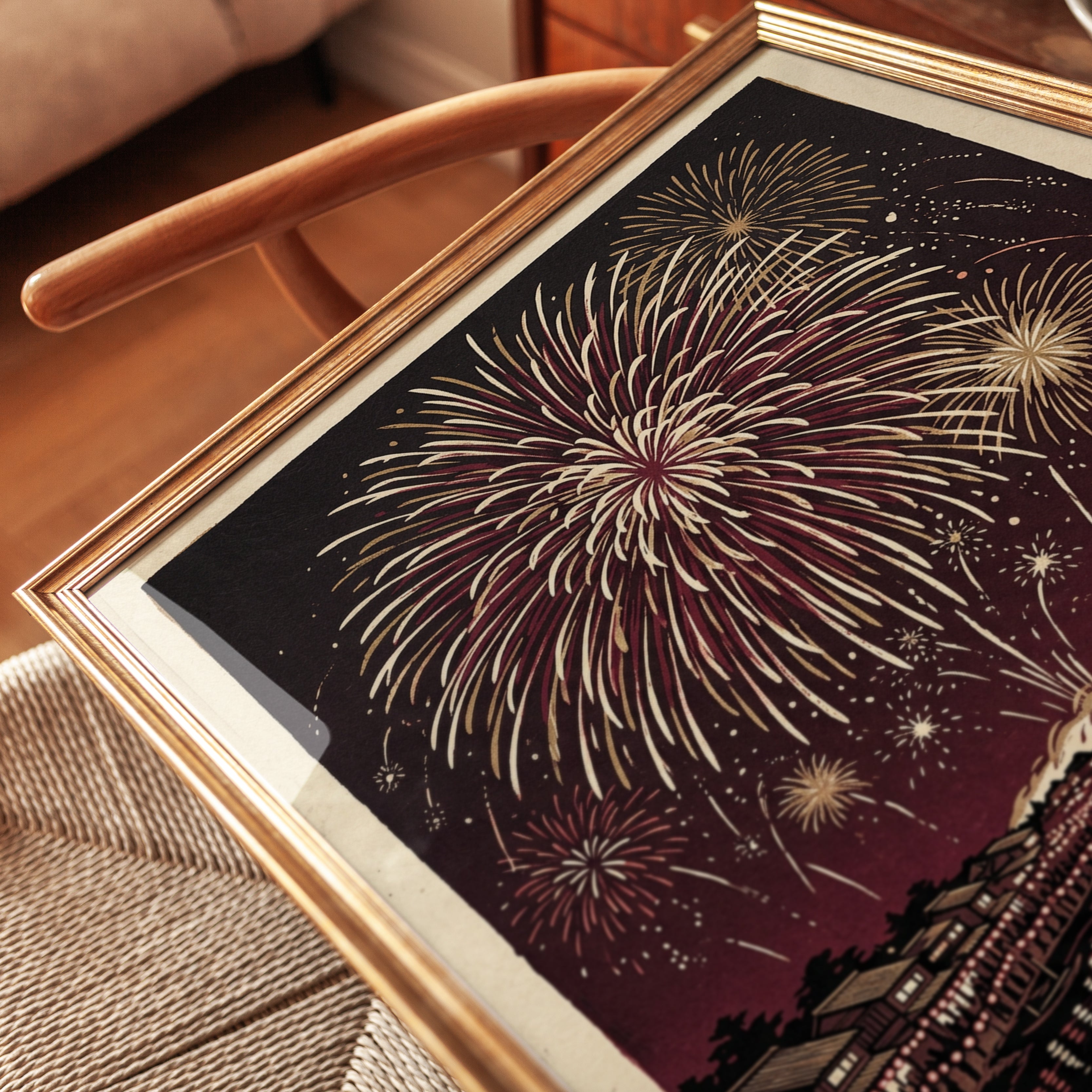 Japanese Fireworks Over River Print: Traditional Woodblock Style - detail