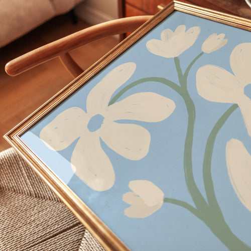 Abstract Flower Art Print: Blue Cream Botanical - detail