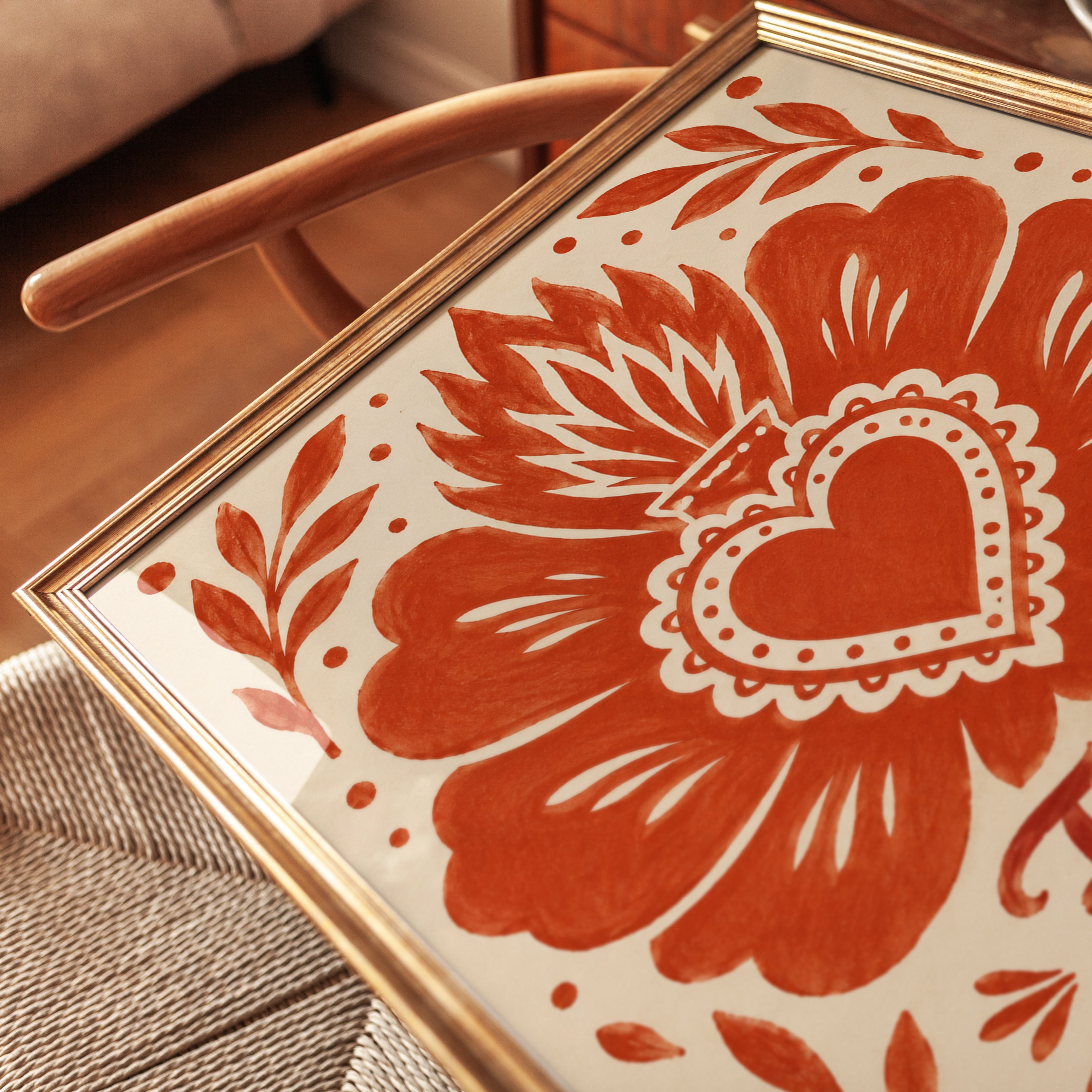 Sacred Heart Flor de Mexico: Folk Art Print in Terracotta Orange - detail