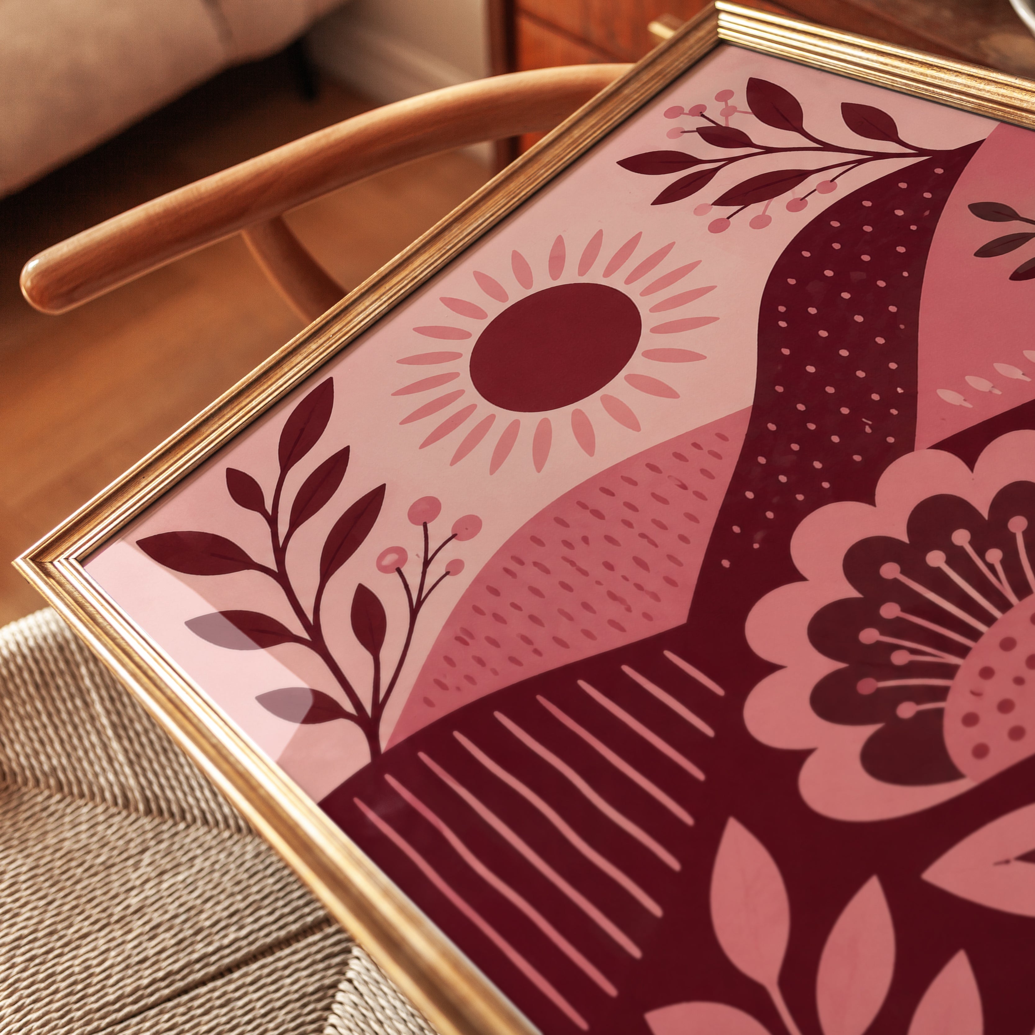 Folk Art Floral Print – Pink Sun Landscape Art - detail