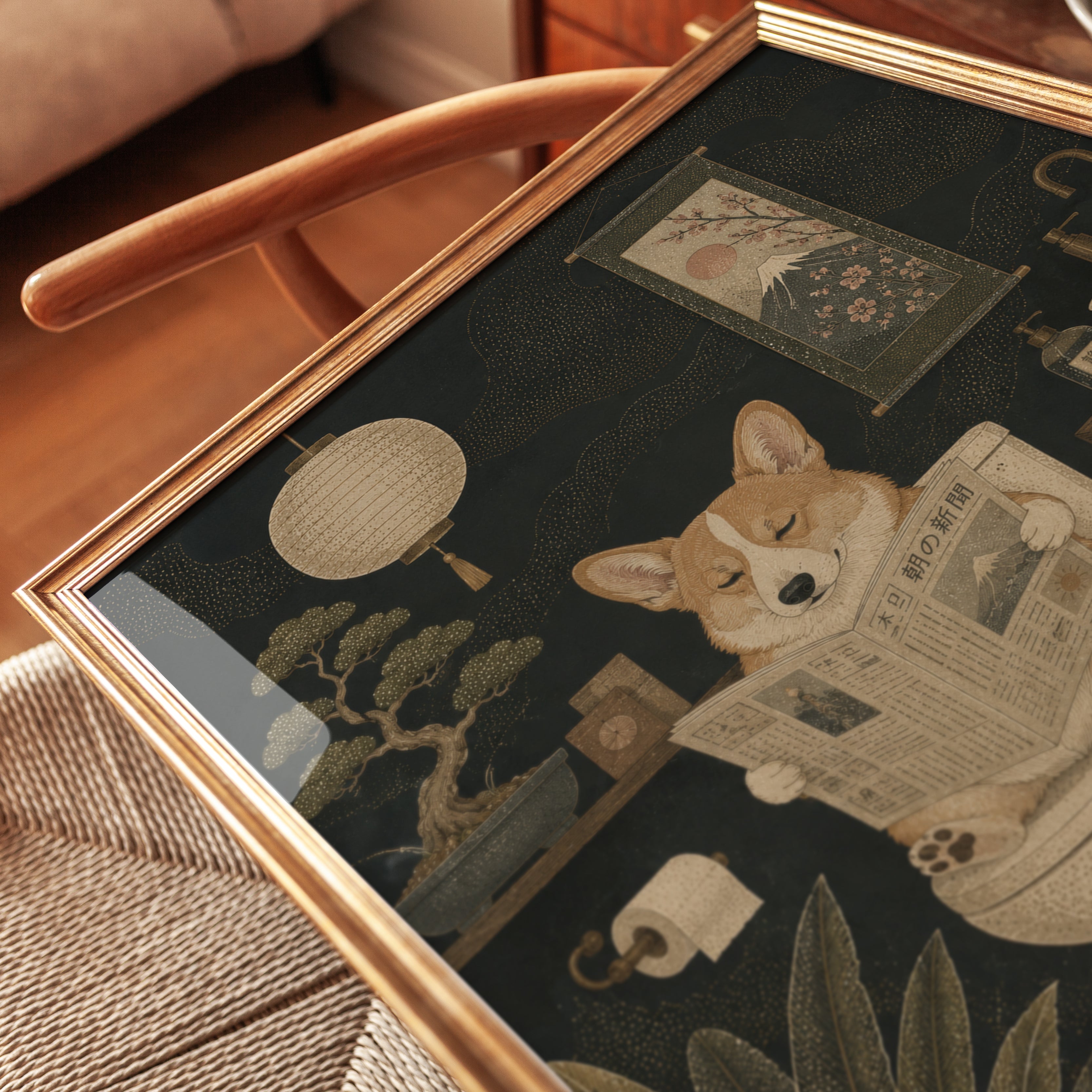Corgi Reading Newspaper Bathroom Art - detail