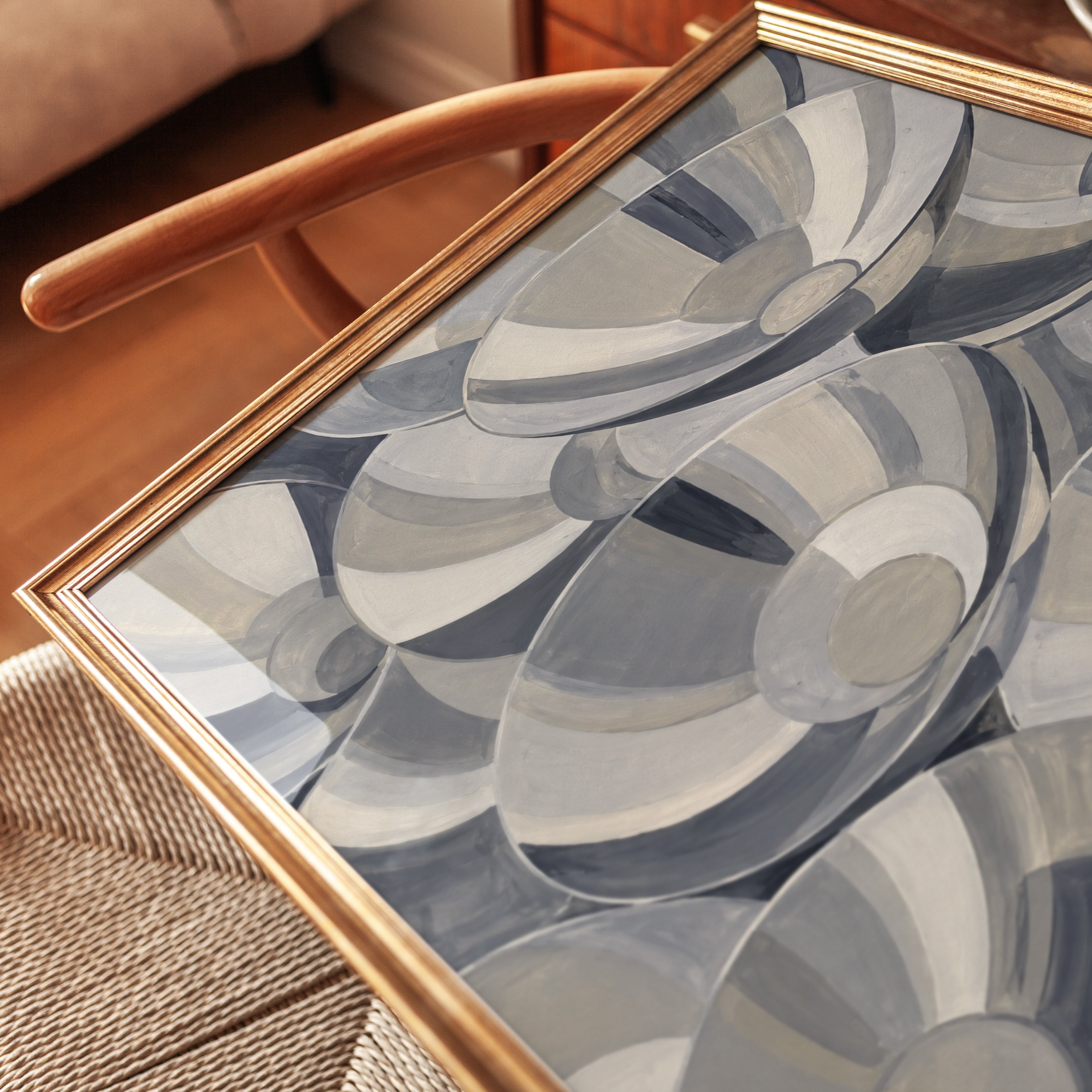 Modernist Striped Bowls Art Print: Abstract Gray and Beige Still Life - detail