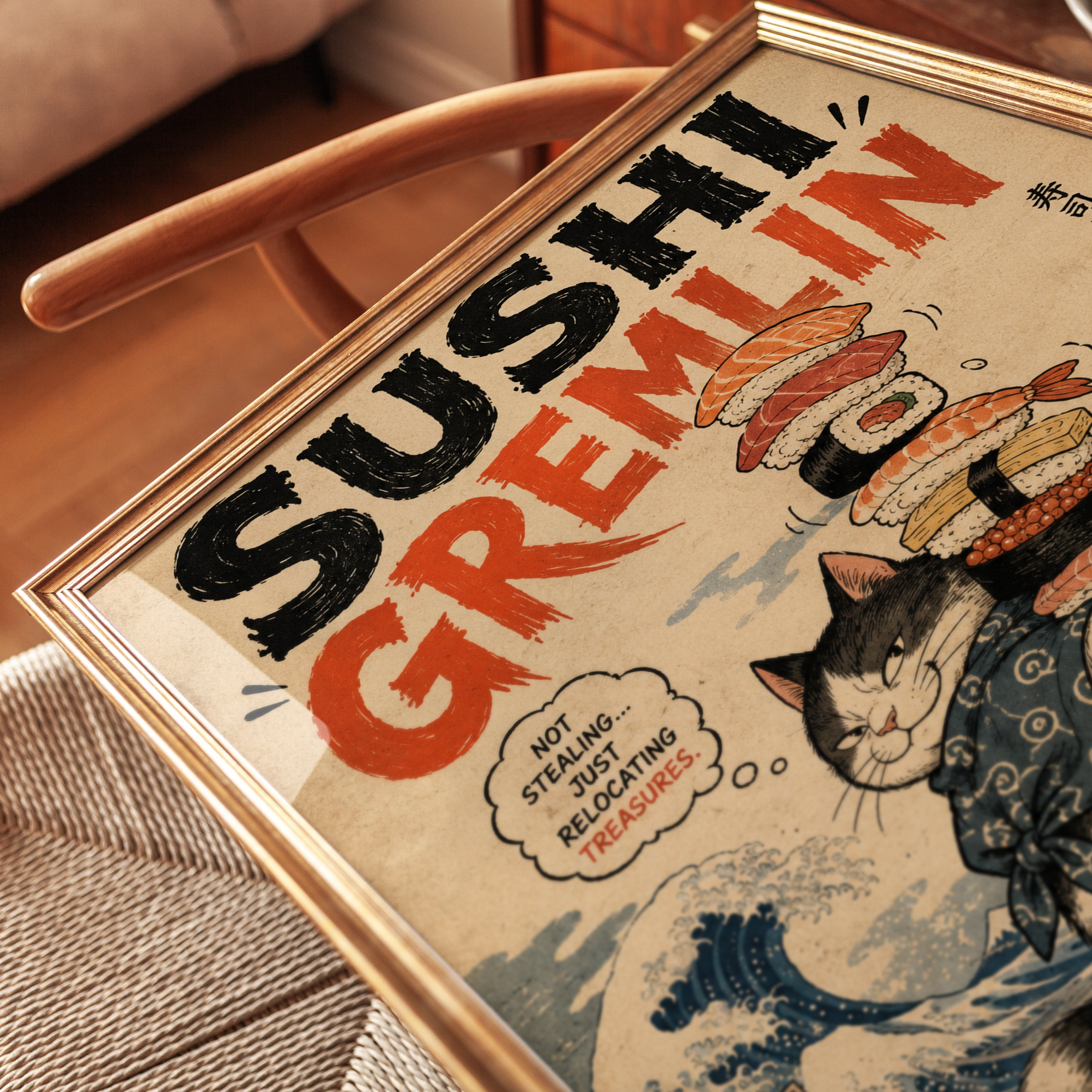 Sushi Gremlin Cat Poster: Japanese Ukiyo-e Style Wall Art - detail