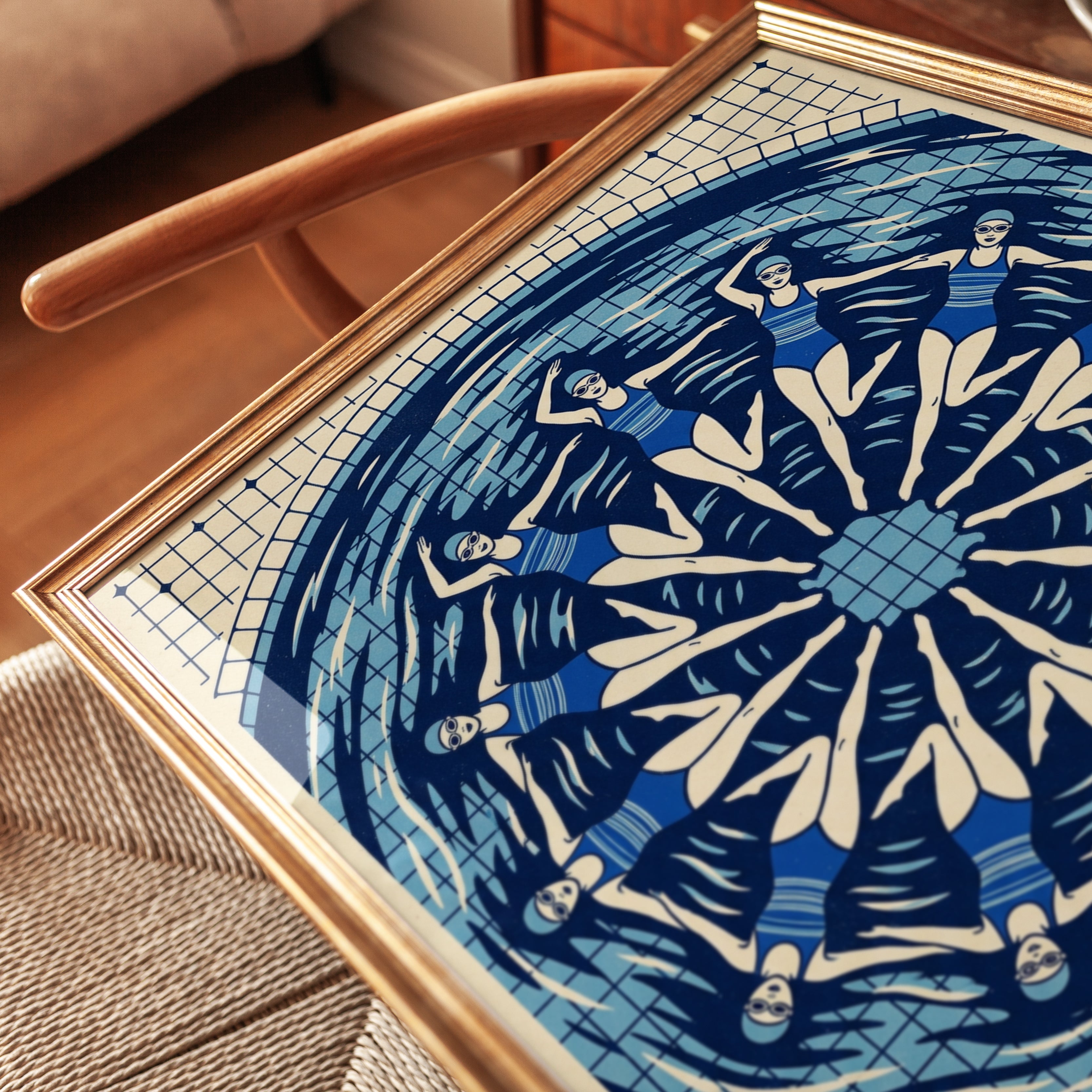 Synchronized Swimmers Mandala: Art Deco Blue Pool Print - detail