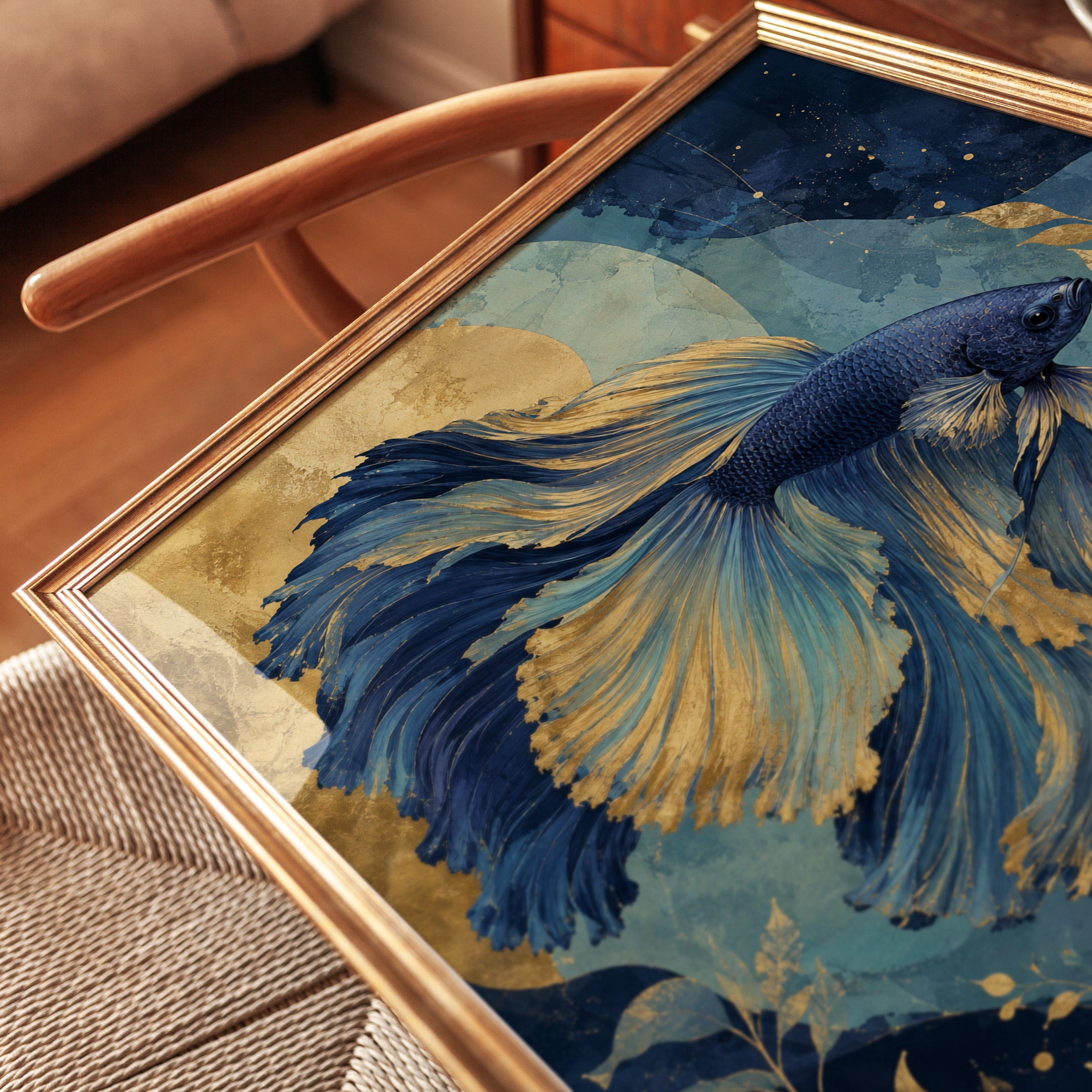 Betta Fish Wall Art – Blue Gold Ocean Print - detail