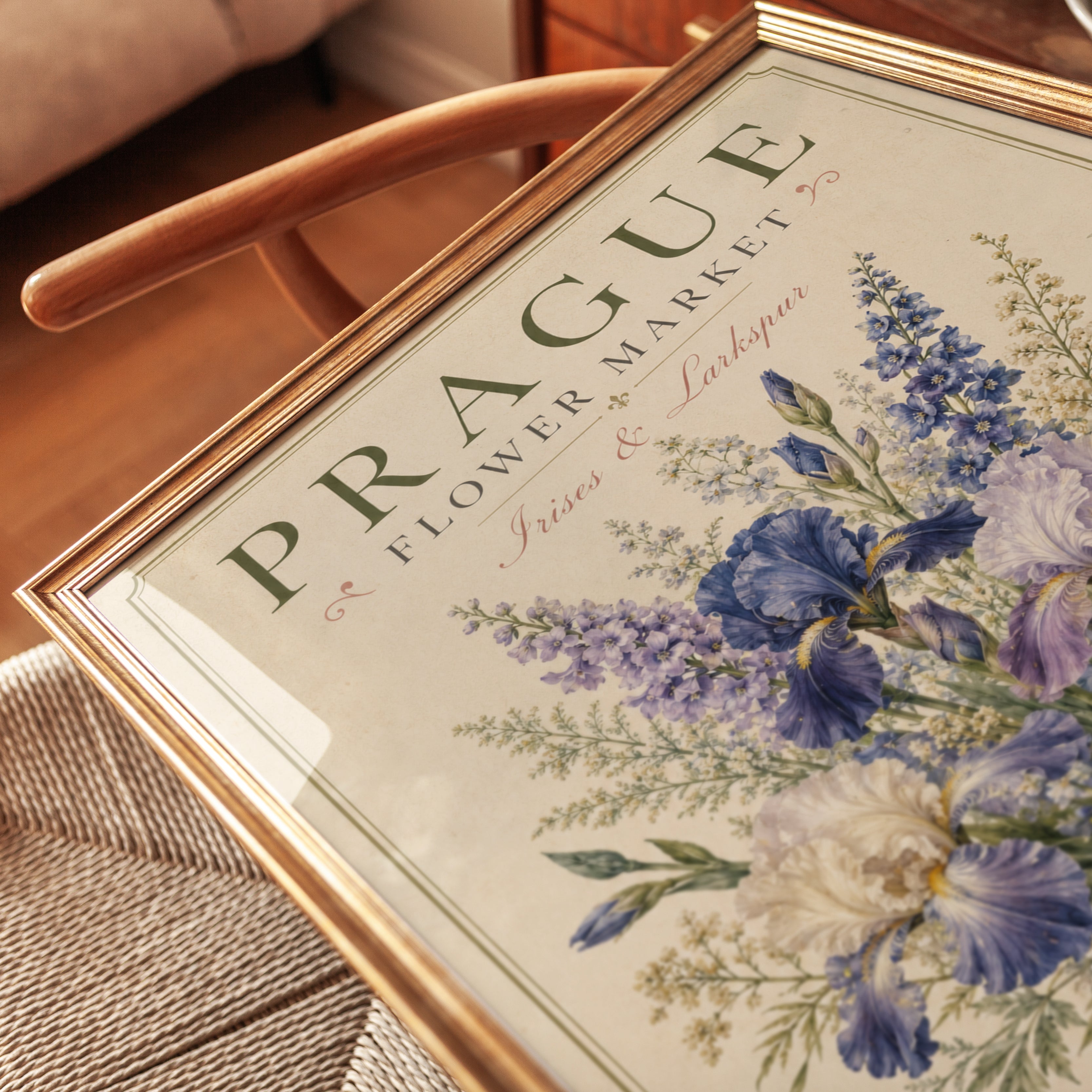 Prague Flower Market Print — Vintage Botanical Iris & Larkspur - detail