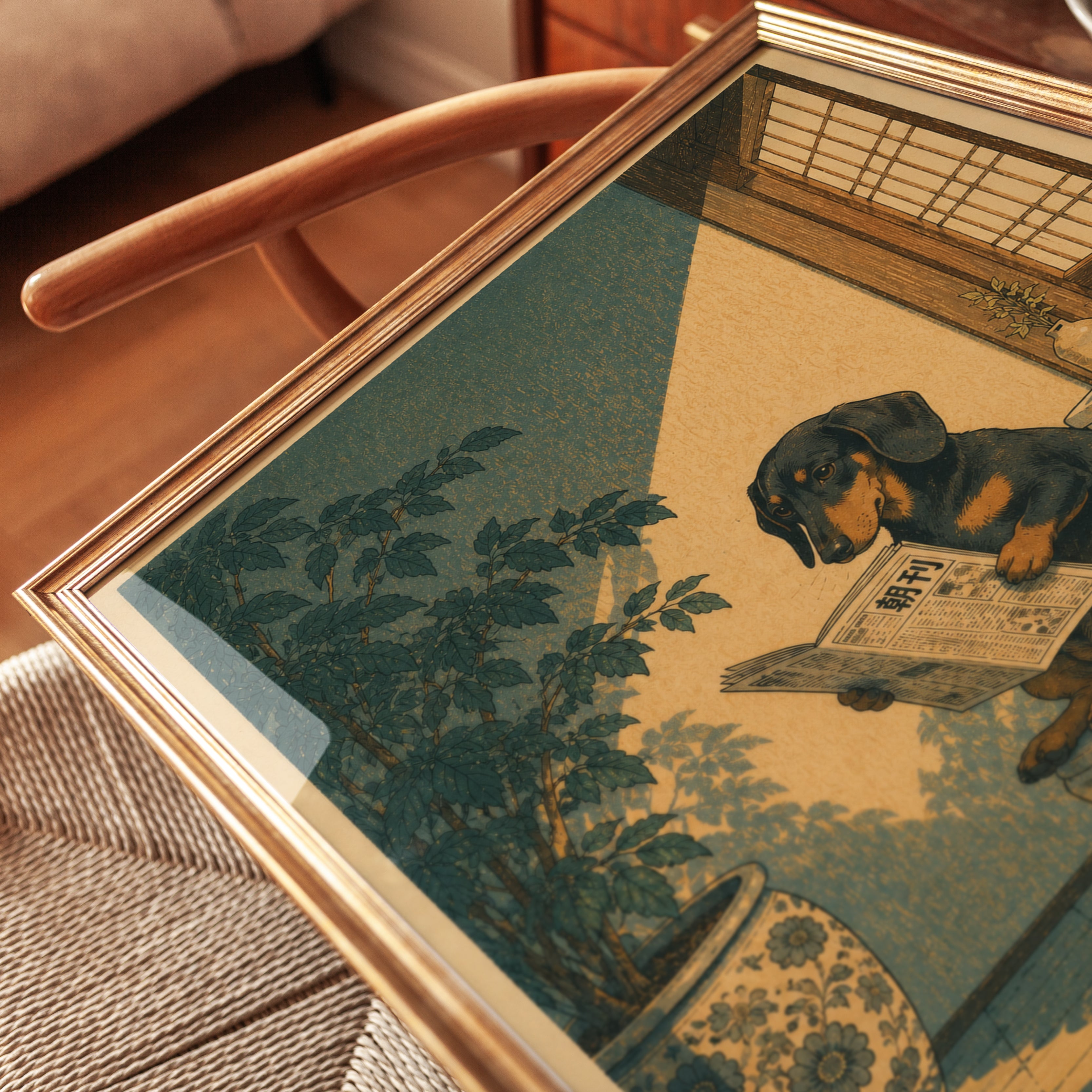 Dachshund Reading Newspaper Print - detail