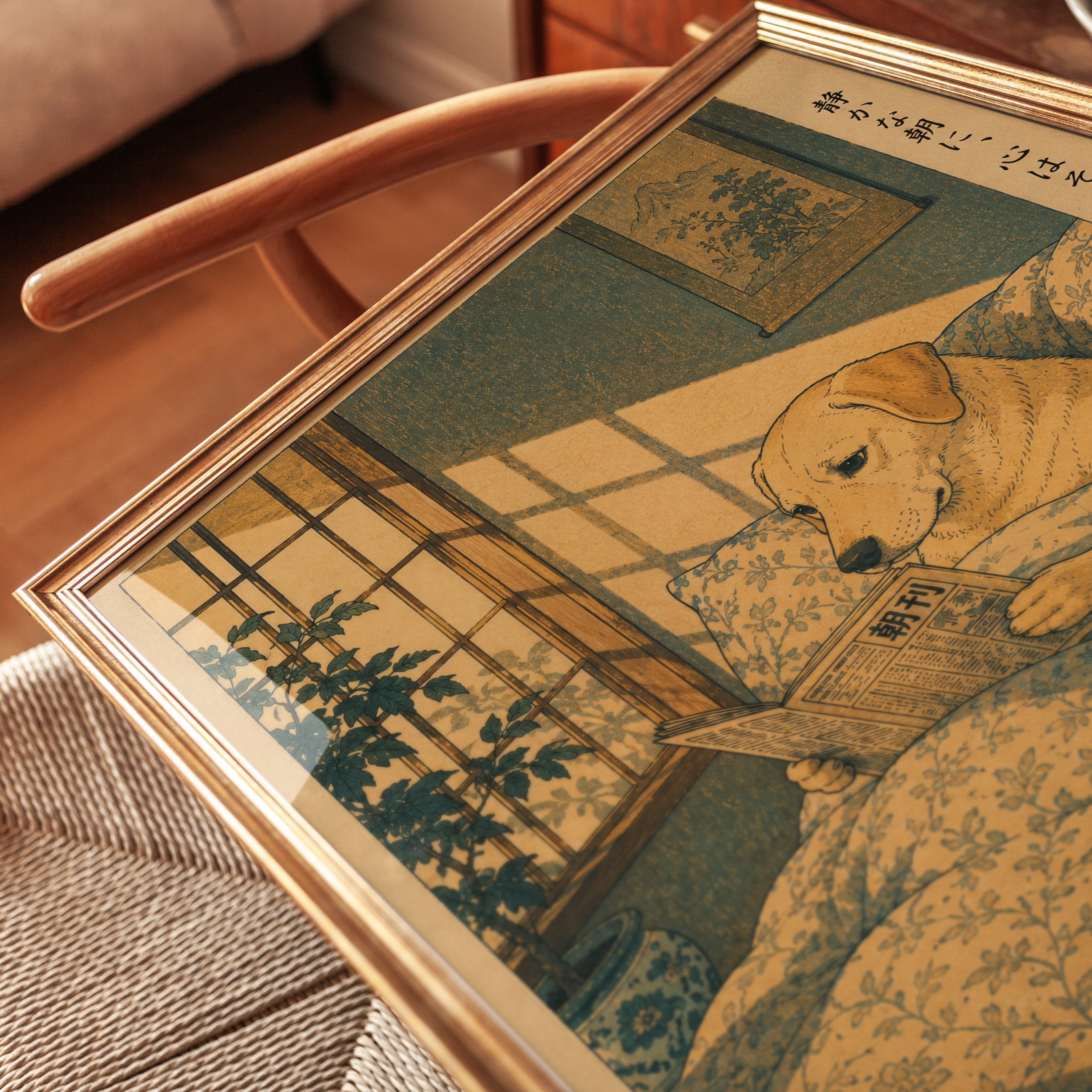 Japanese Dog Reading Newspaper Print - detail