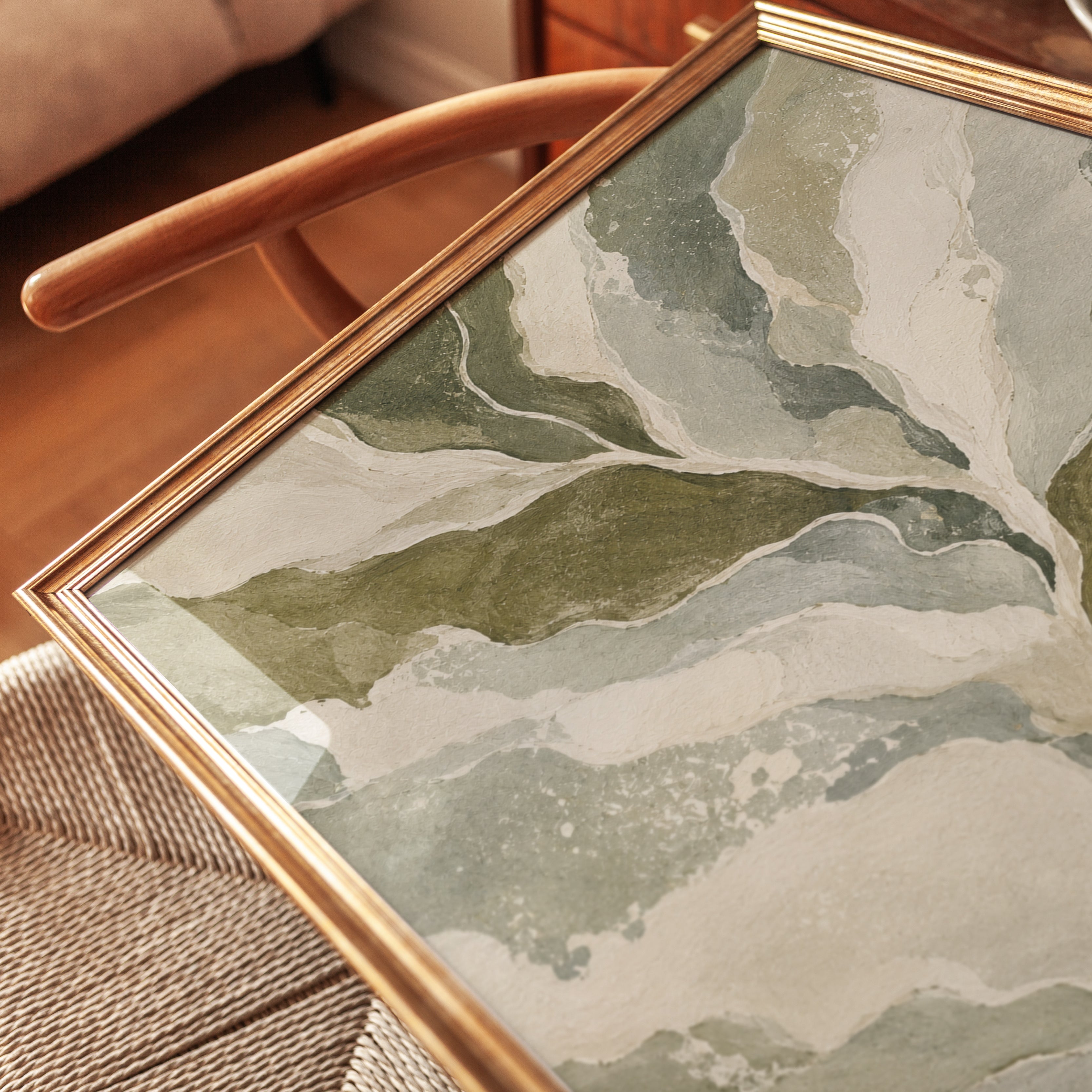 Abstract Marble Flow Wall Art: Olive Green and Cream Organic Forms - detail