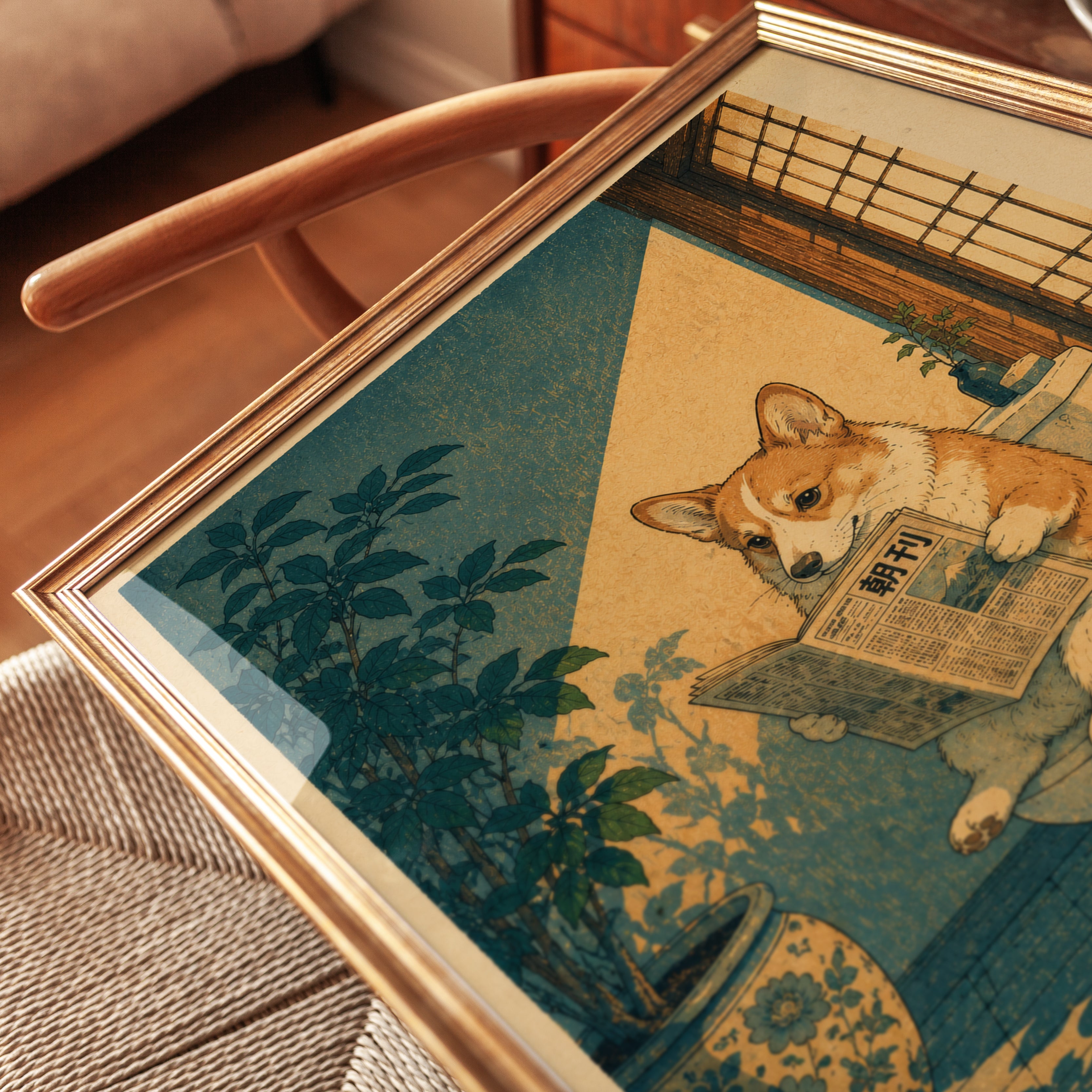 Japanese Dog Wall Art – Corgi Bathroom Print - detail