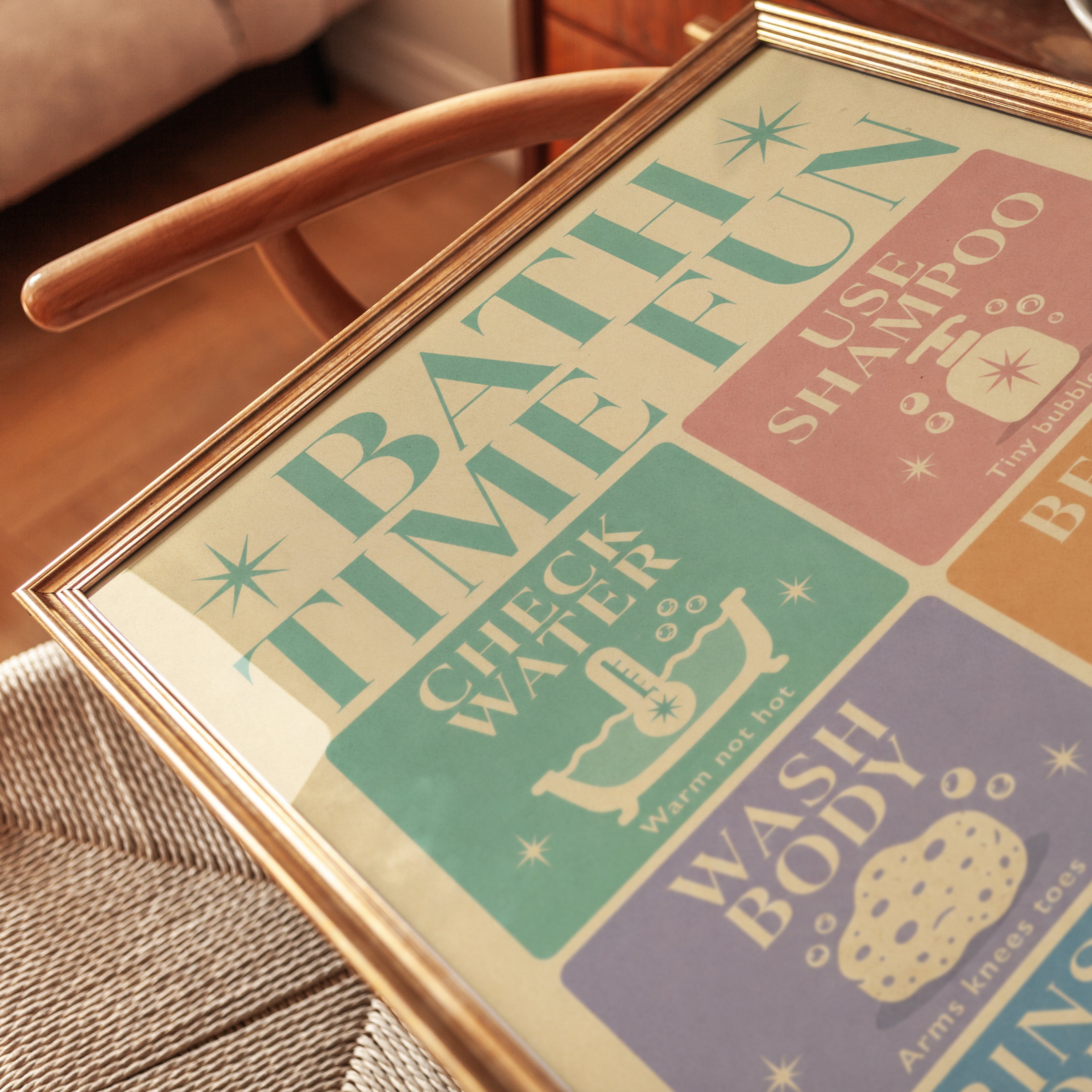Bath Time Fun Print: Retro Kids Bathroom Guide (Nursery Wall Art) - detail