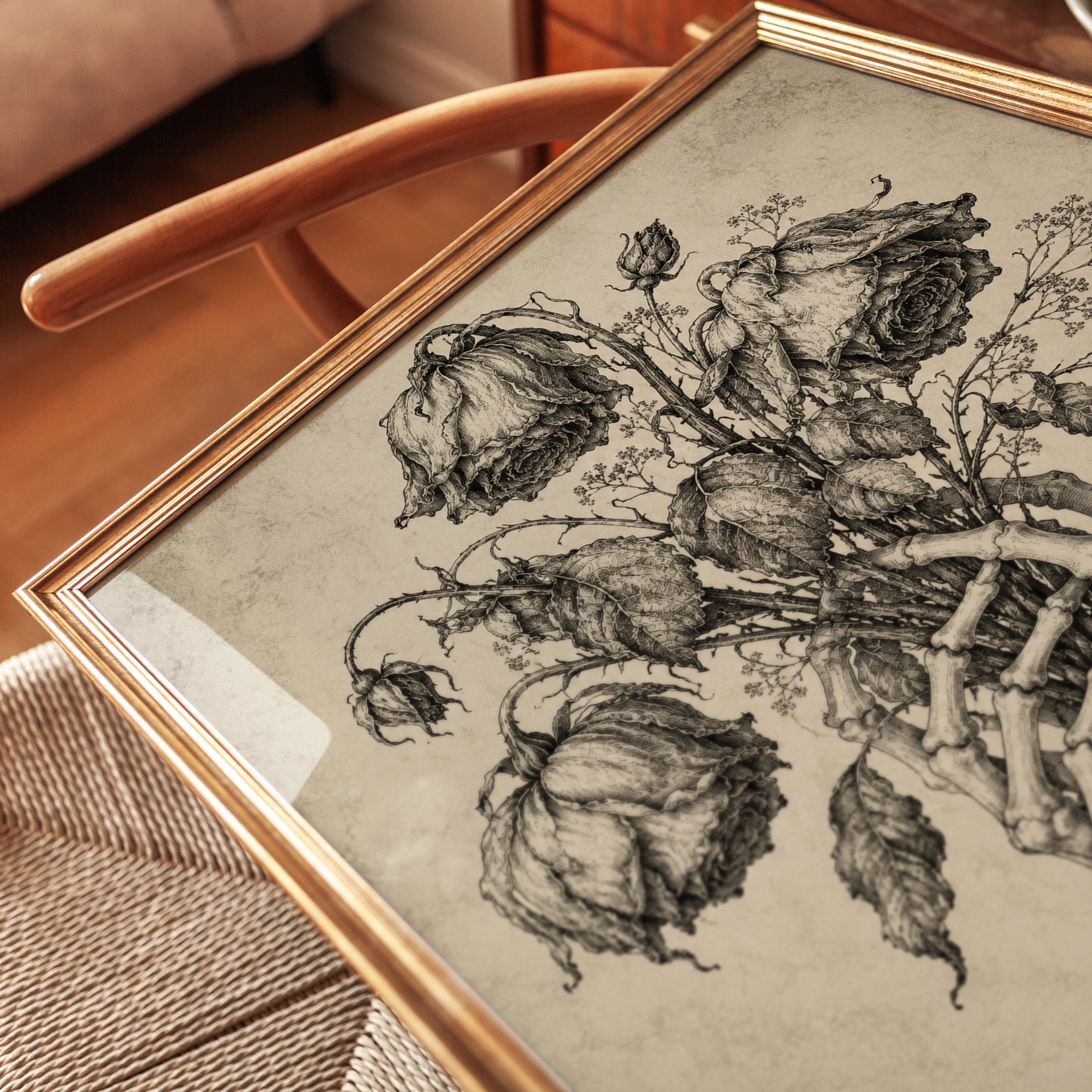 Skeleton Hand Flowers Print - detail