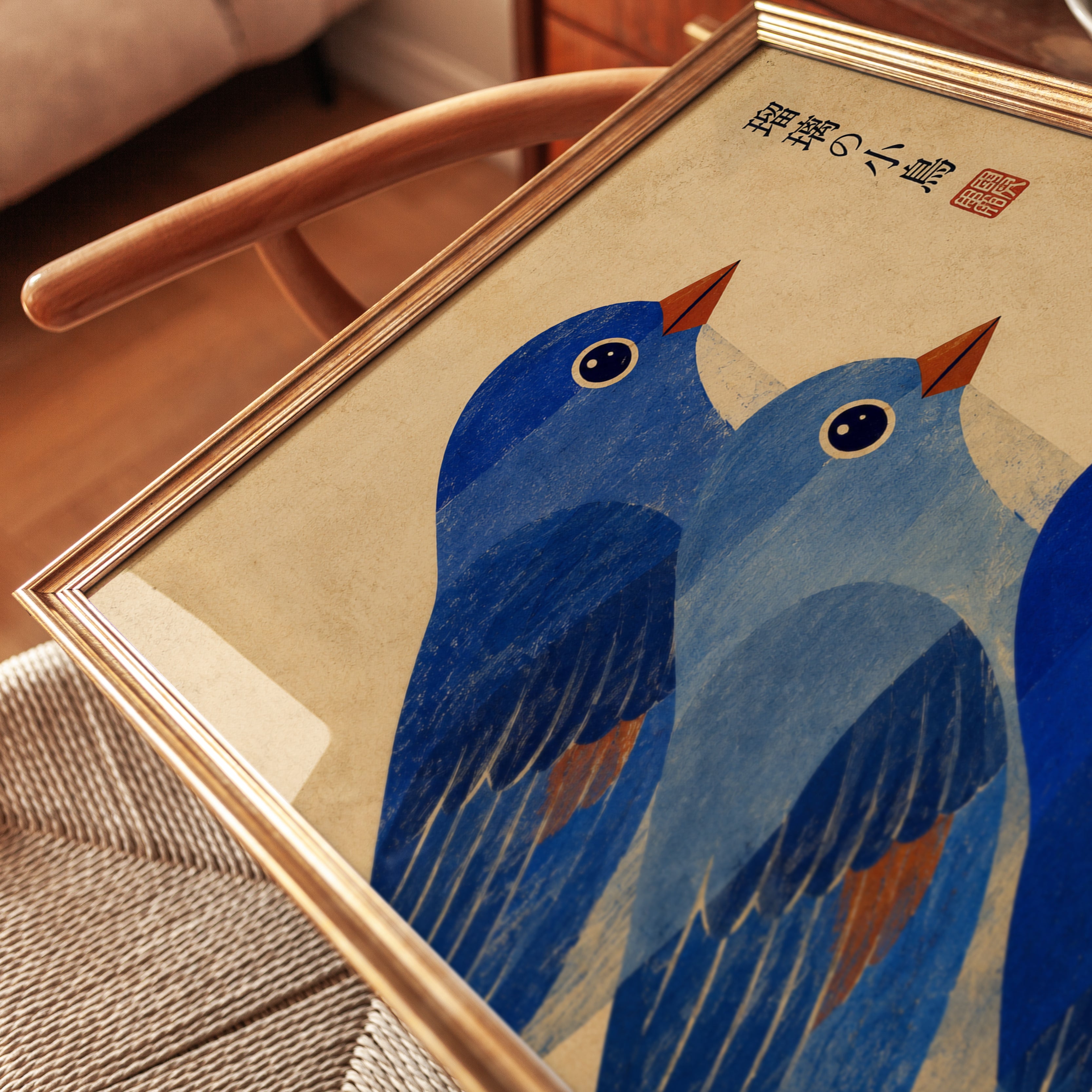 Japanese Bird Art Print — Vintage Blue Birds Illustration - detail