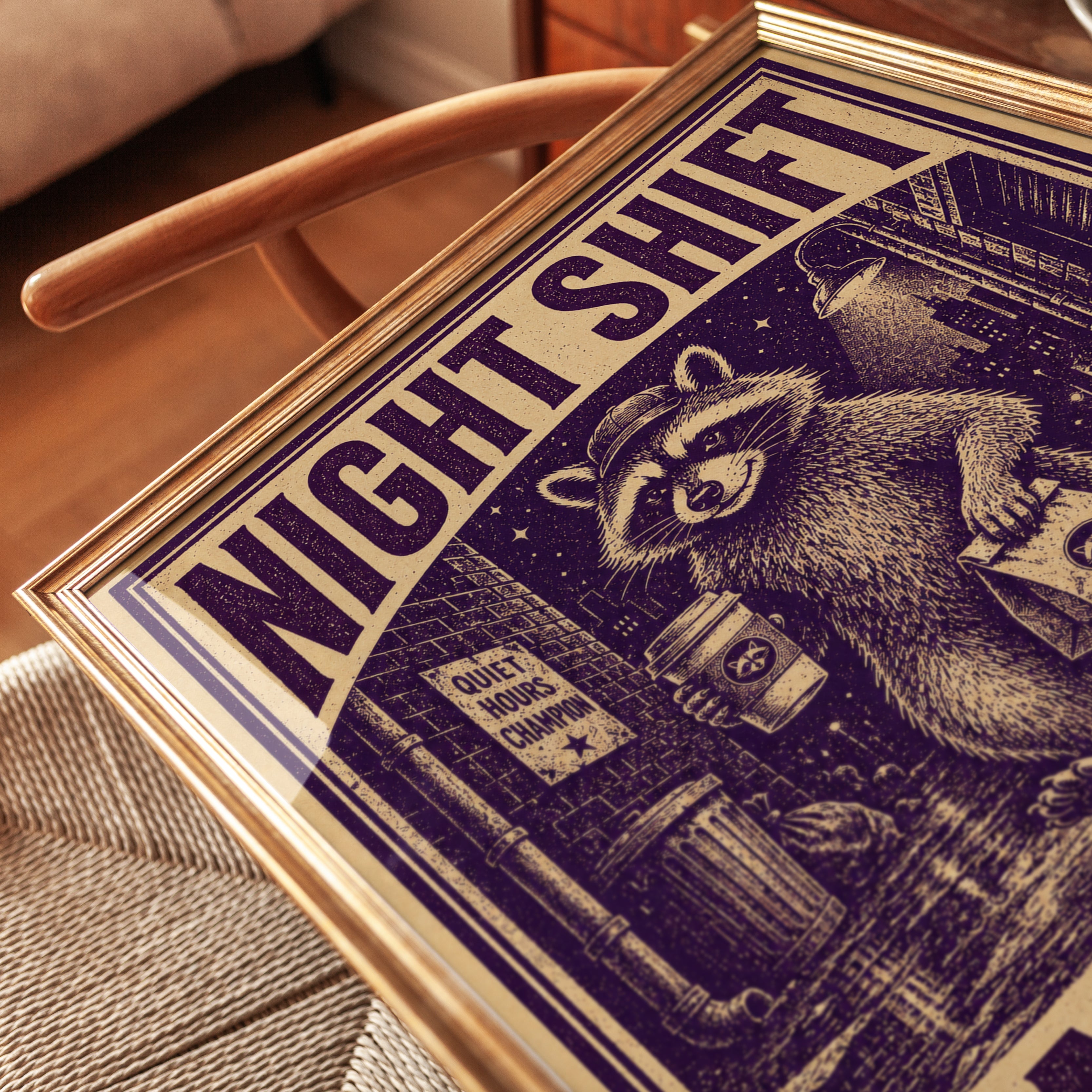 Raccoon Wall Art: Vintage Night Shift Illustration - detail