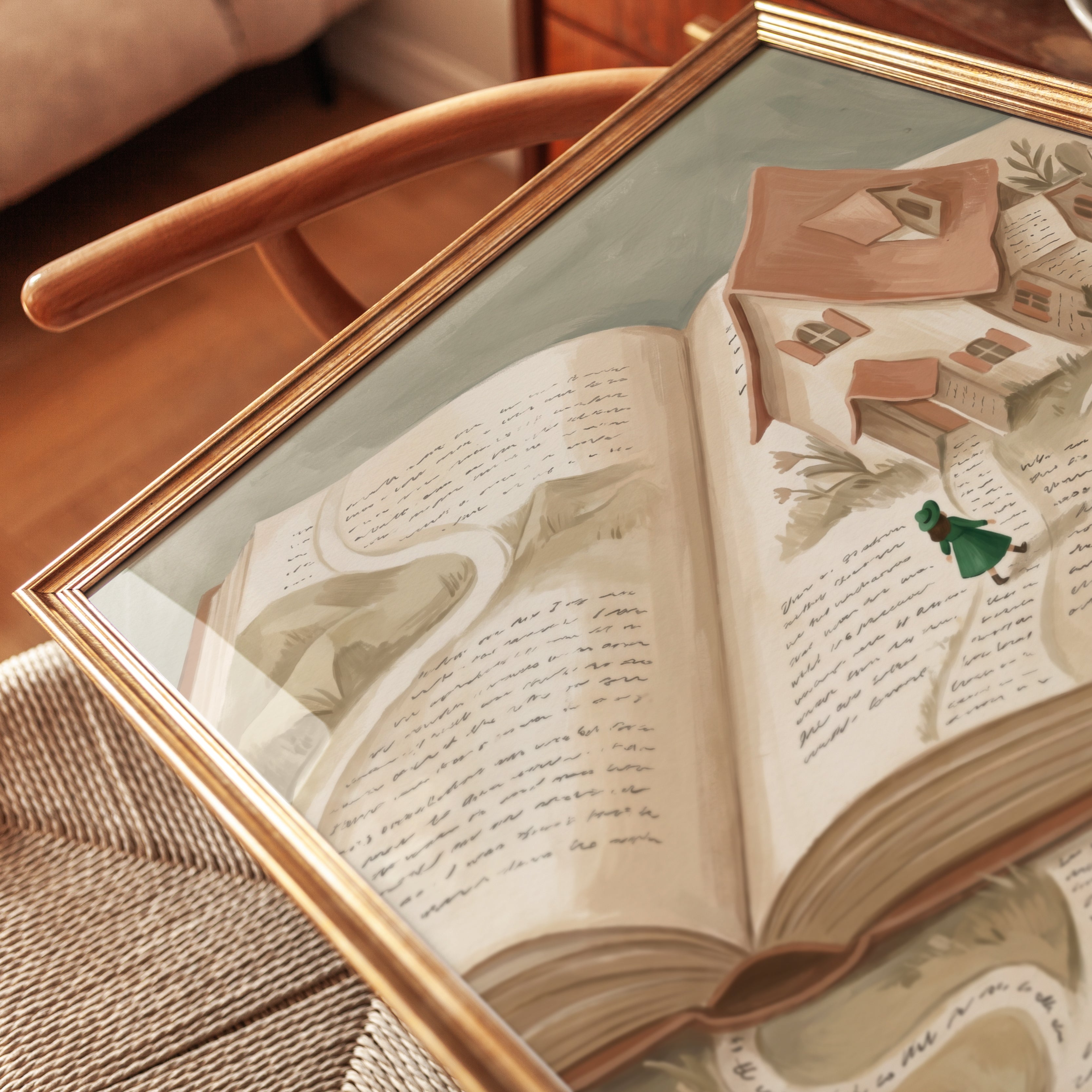 Whimsical Book Art Print: Surreal Cottagecore Reading Nook Decor - detail