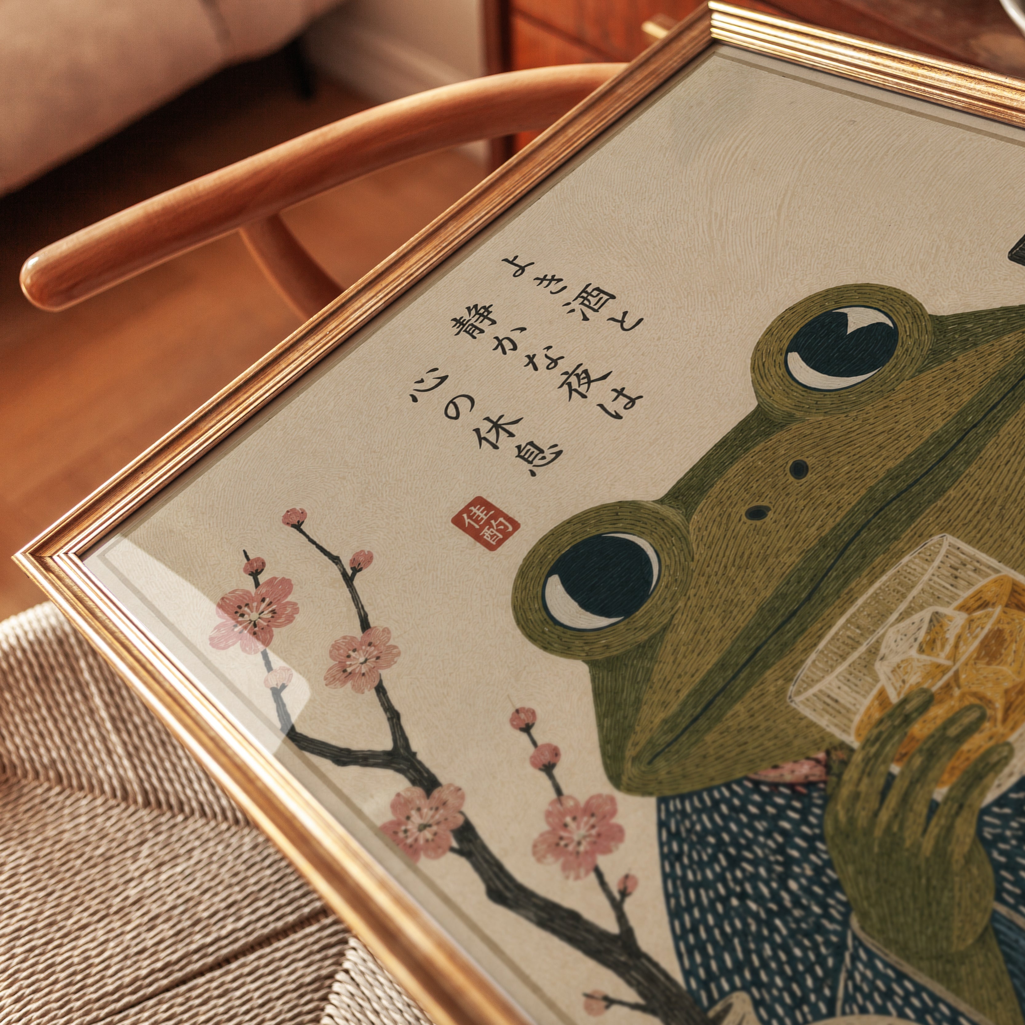 Japanese Frog Whiskey Art – Asian Folk Print - detail