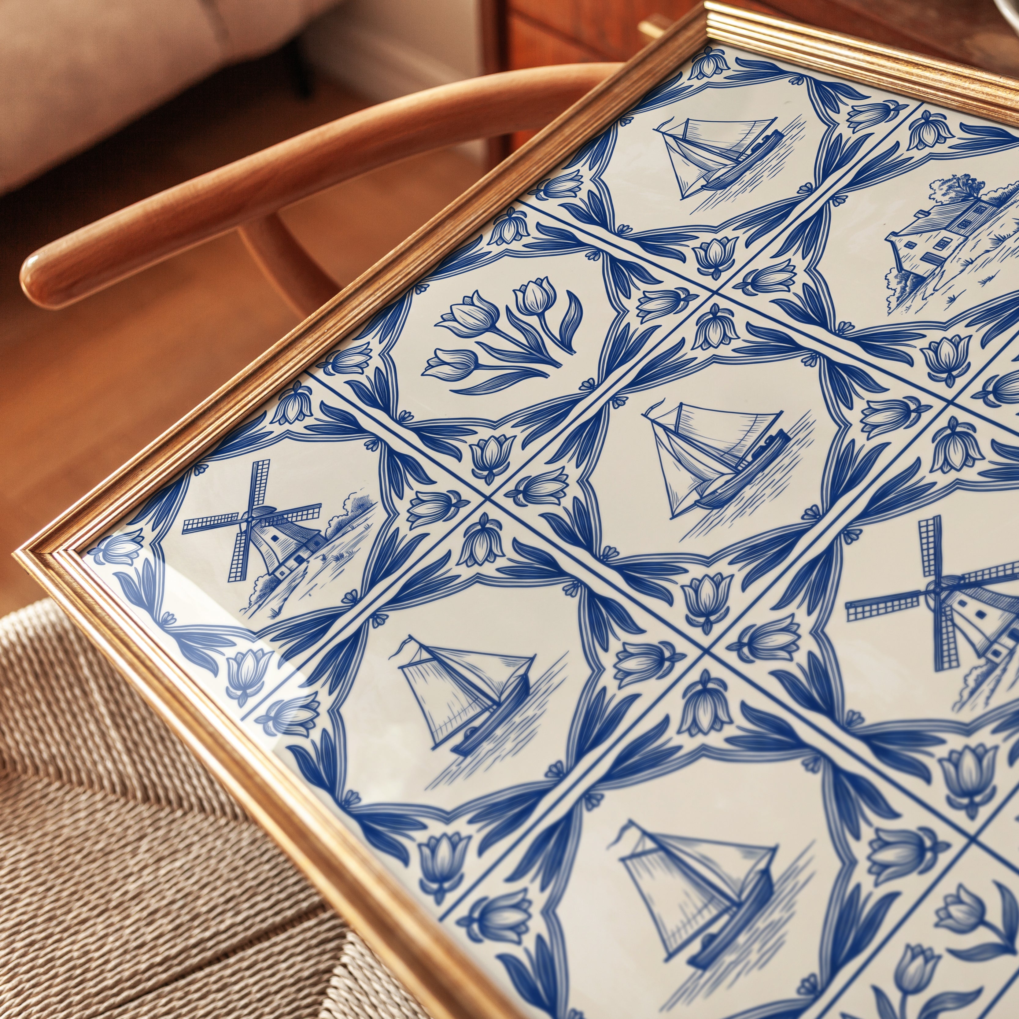 Delft Blue Tile Print: Dutch Windmill and Tulip Art - detail