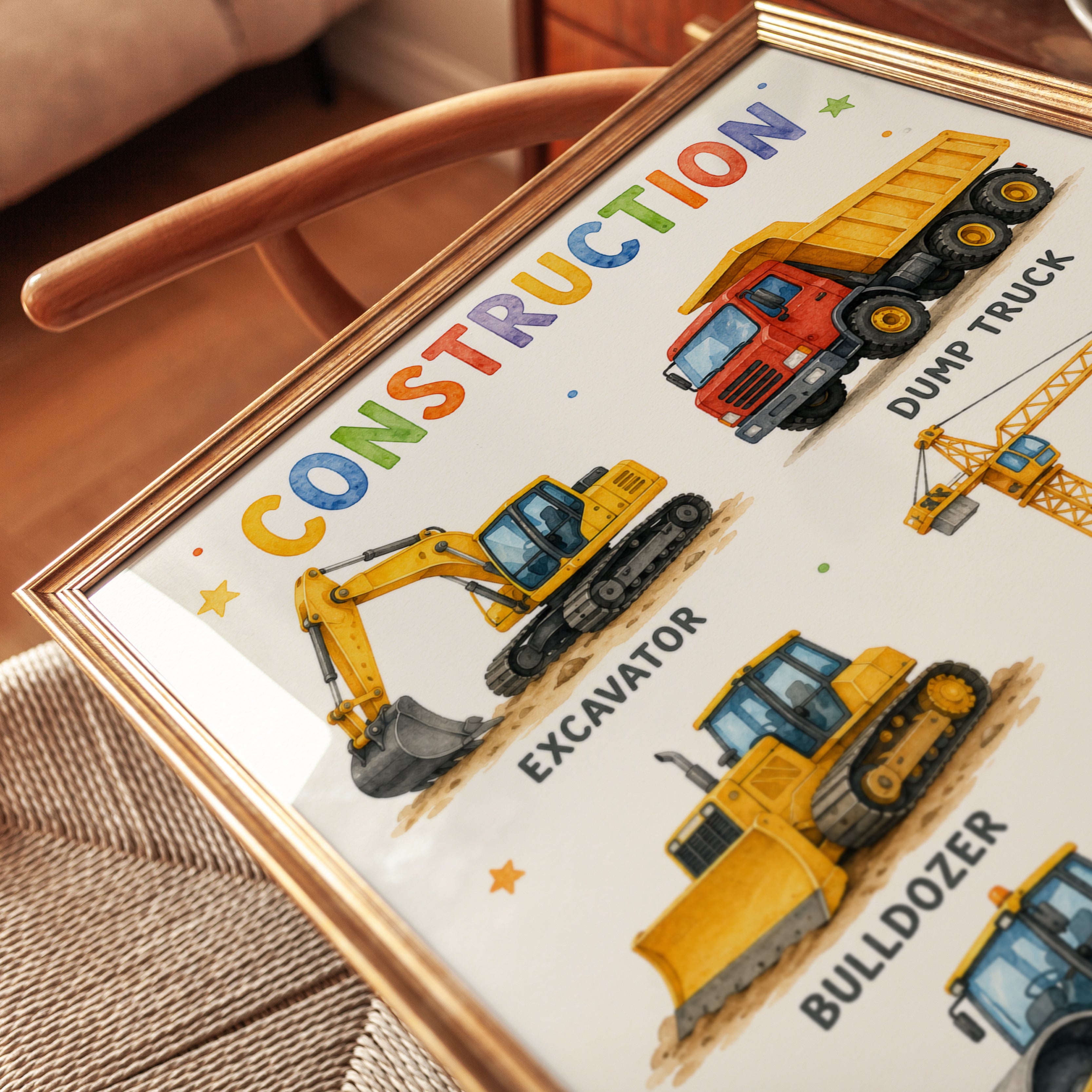 Construction Vehicles Poster: Educational Kids Room Art - detail